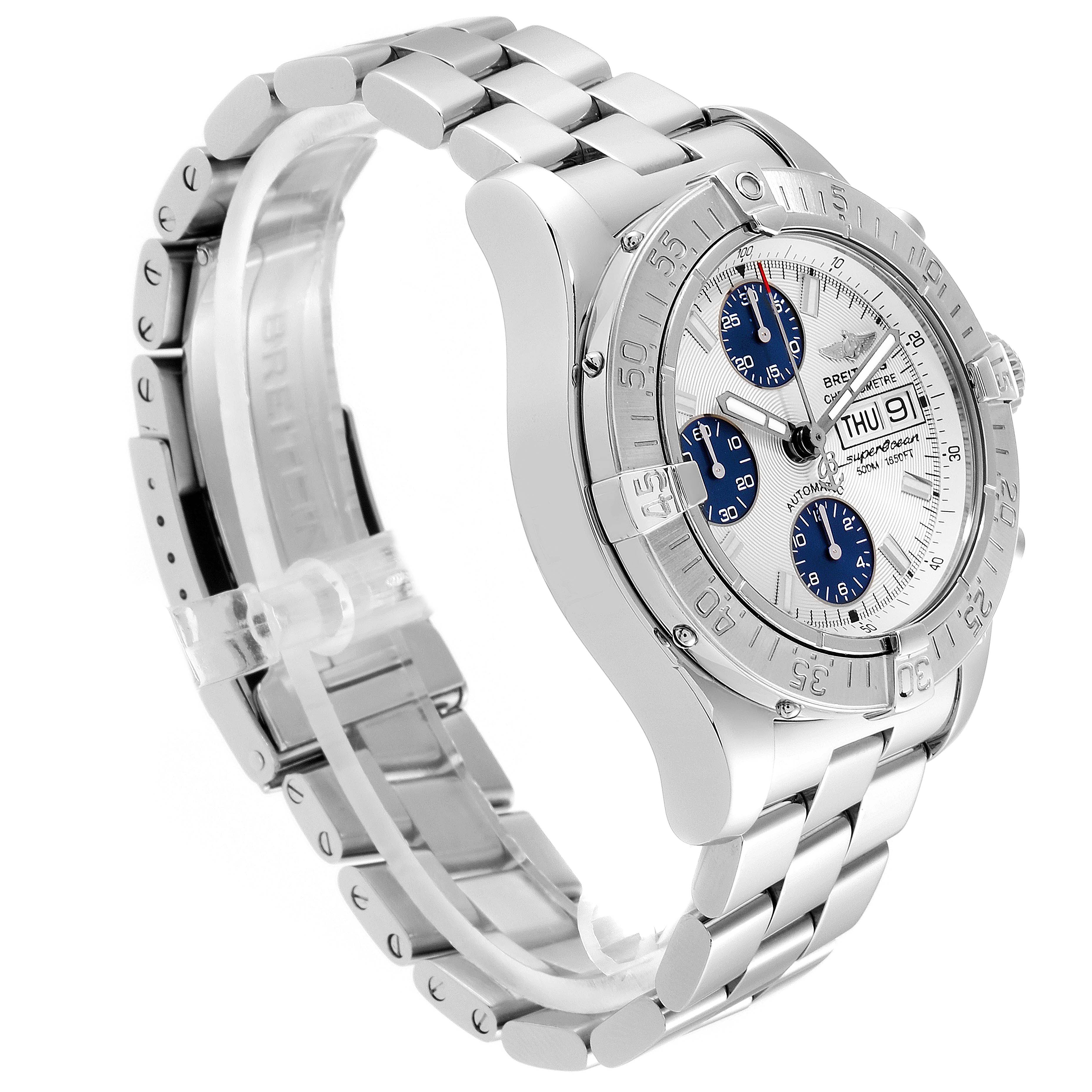 The image shows a Breitling Superocean A13340 Men's Stainless Steel Beige Dial A13340 Men's Stainless Steel Beige Dial wristwatch from an angled side view, highlighting its bezel, dial, and metallic bracelet.