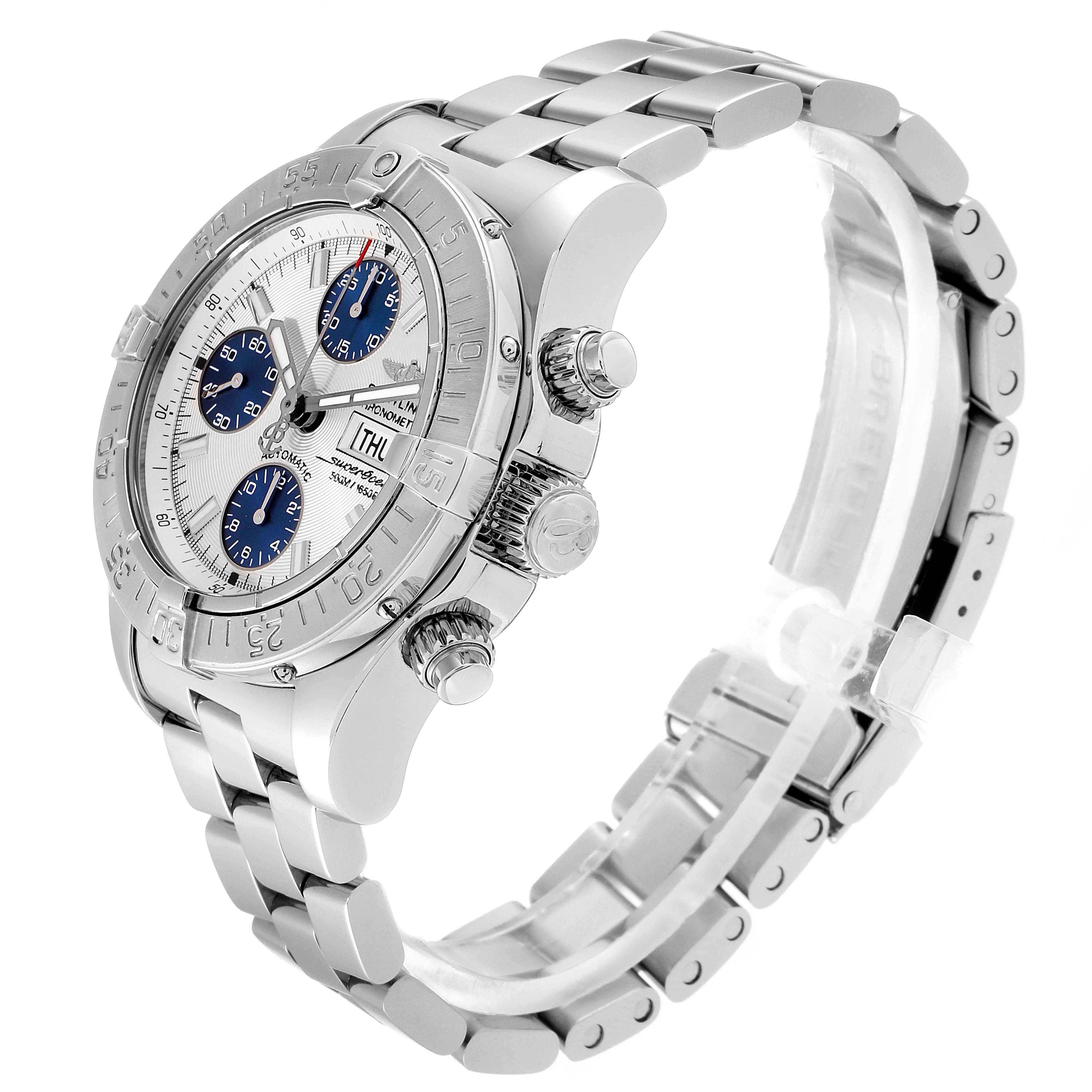 The image shows a side angle view of the Breitling Superocean A13340 Men's Stainless Steel Beige Dial A13340 Men's Stainless Steel Beige Dial watch, highlighting its stainless steel band and side chronograph pushers.