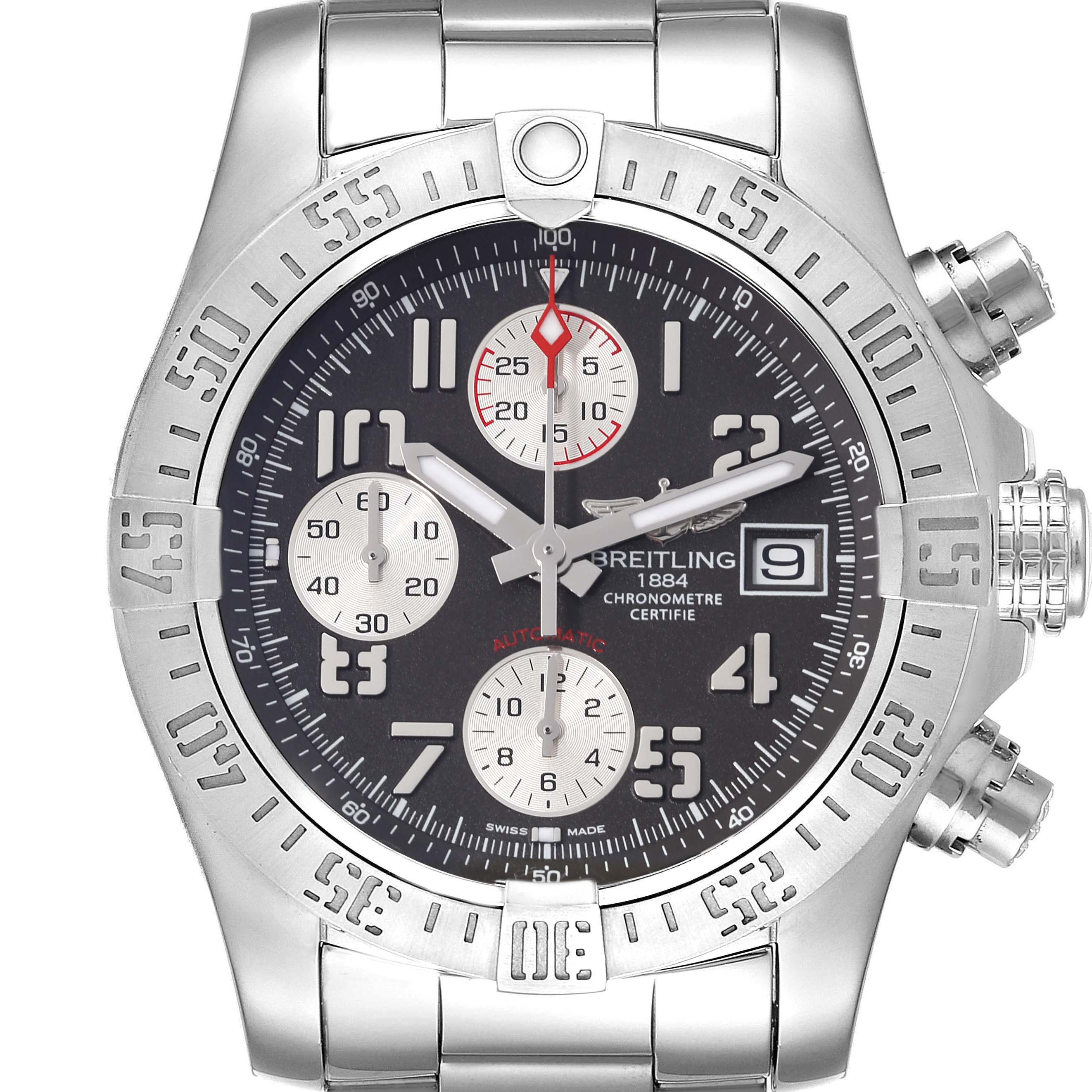 This image shows a frontal view of a Breitling Avenger A13381 Men's Stainless Steel Grey Dial A13381 Men's Stainless Steel Grey Dial watch, highlighting its dial, bezel, subdials, and metal band.