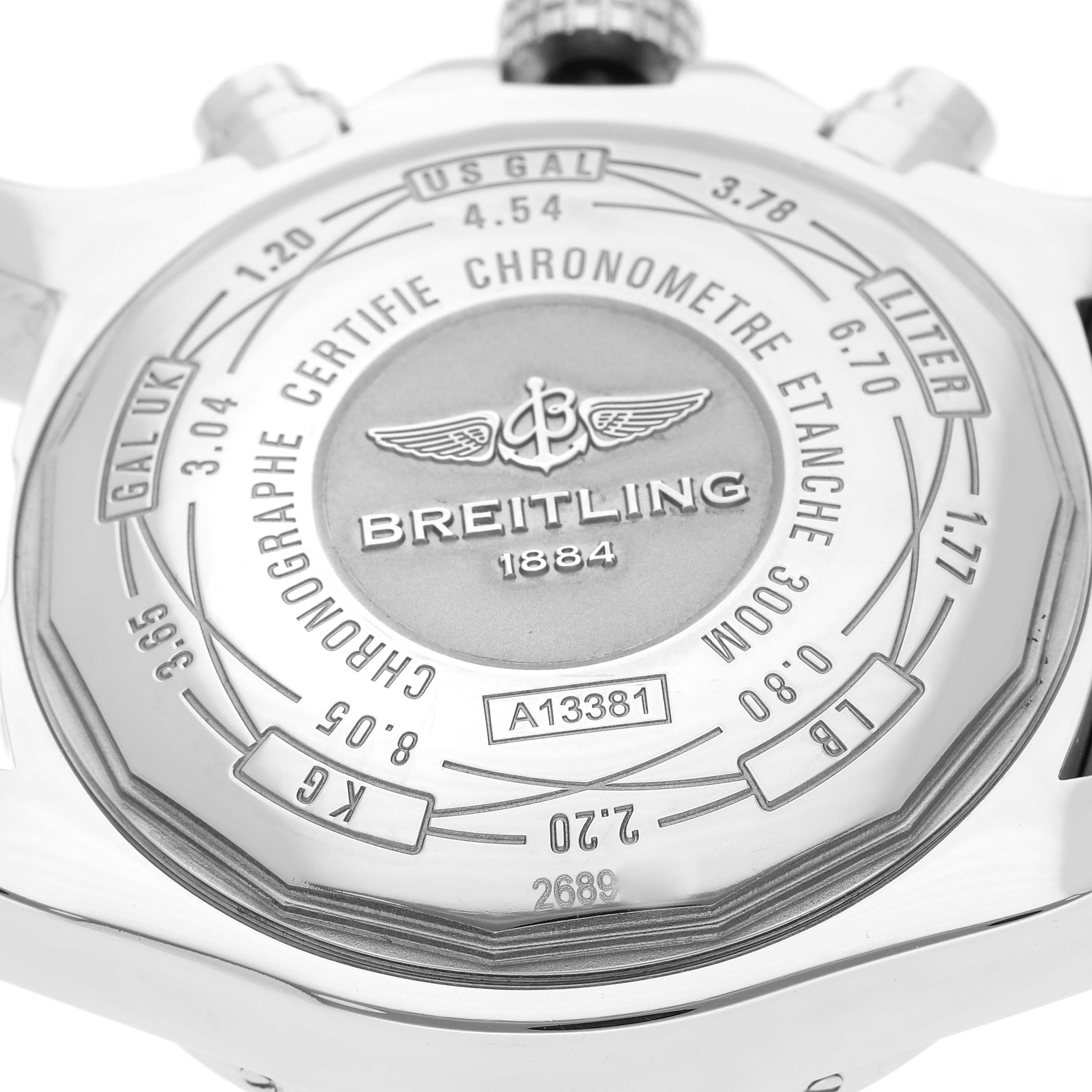 This image shows the back case of the Avenger model by Breitling, highlighting its engravings and specifications.