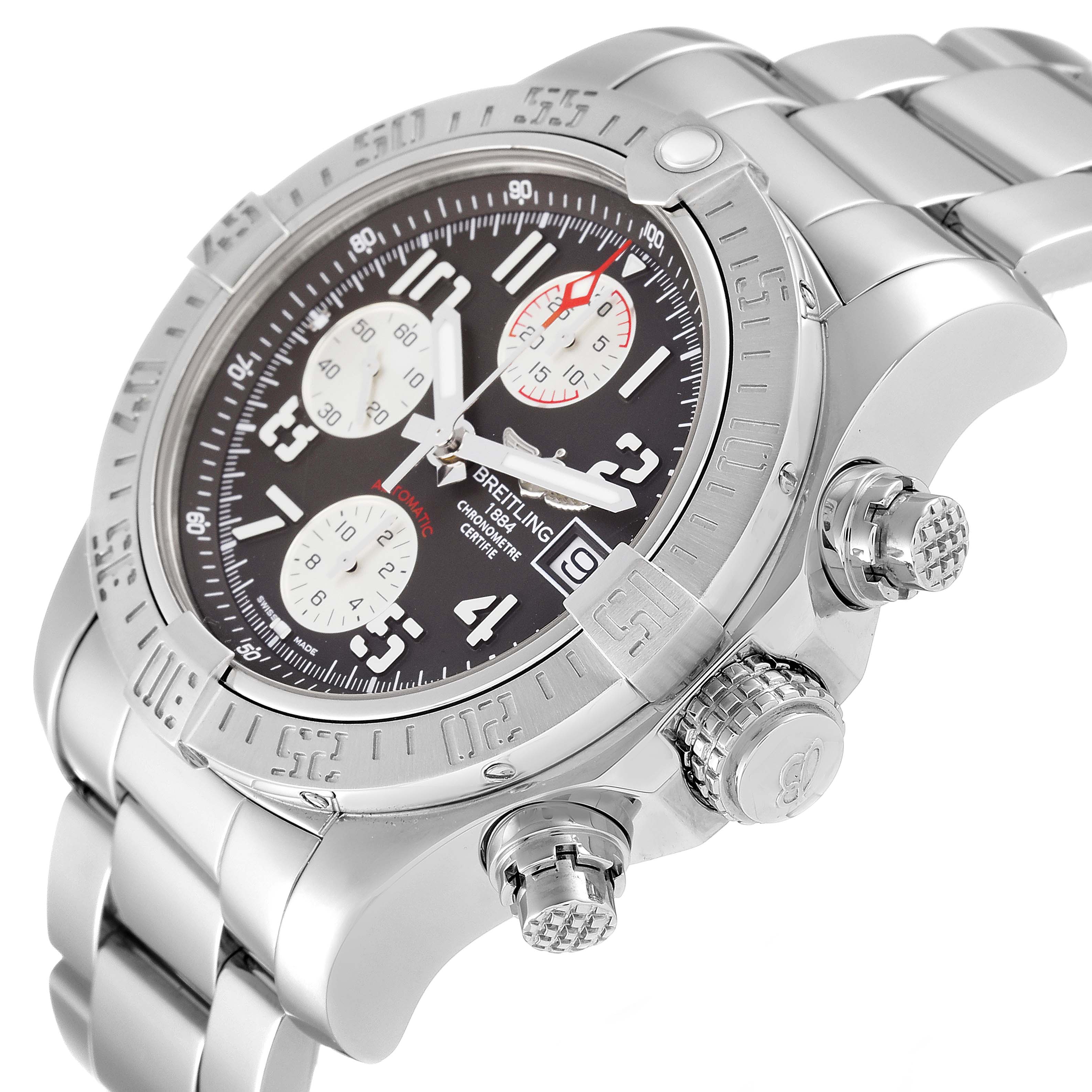 The image shows a close-up, angled view of a Breitling Avenger A13381 Men's Stainless Steel Grey Dial A13381 Men's Stainless Steel Grey Dial watch, highlighting its dial, chronograph subdials, and crown.