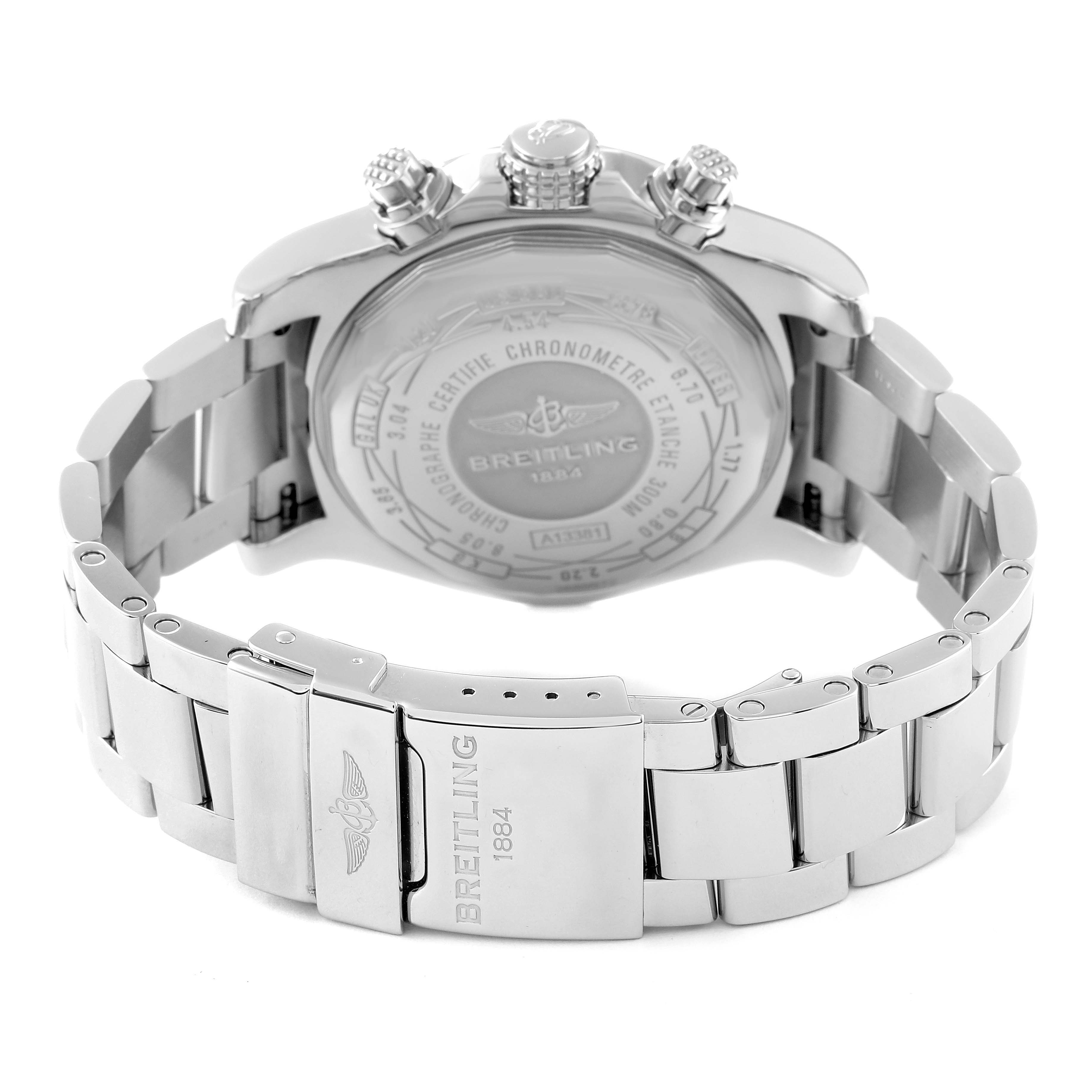 The image shows the back case and bracelet of a Breitling Avenger A13381 Men's Stainless Steel Grey Dial A13381 Men's Stainless Steel Grey Dial watch from a rear angle.