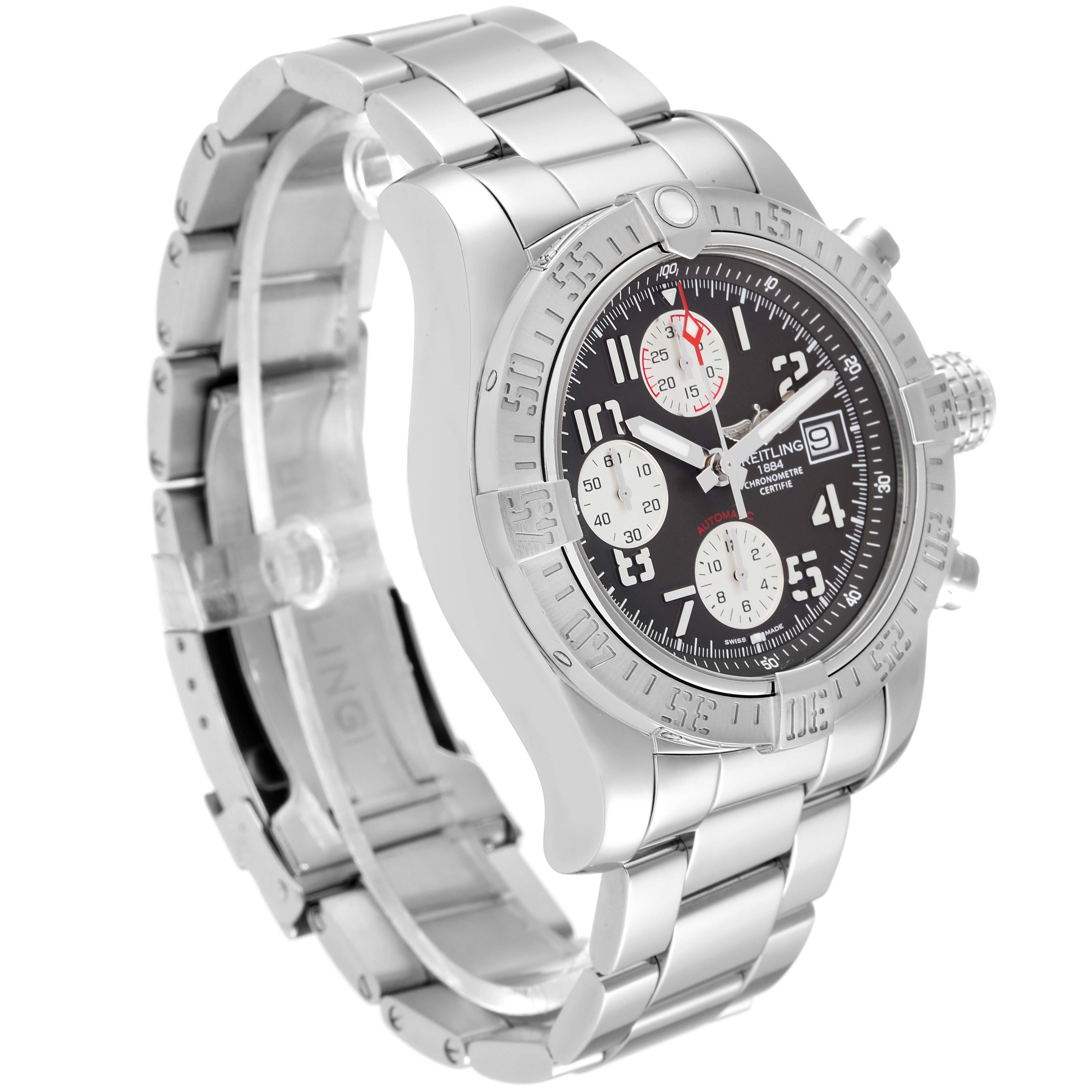 The image shows a side angle of a Breitling Avenger A13381 Men's Stainless Steel Grey Dial A13381 Men's Stainless Steel Grey Dial model watch featuring its metal bracelet and chronograph dial.