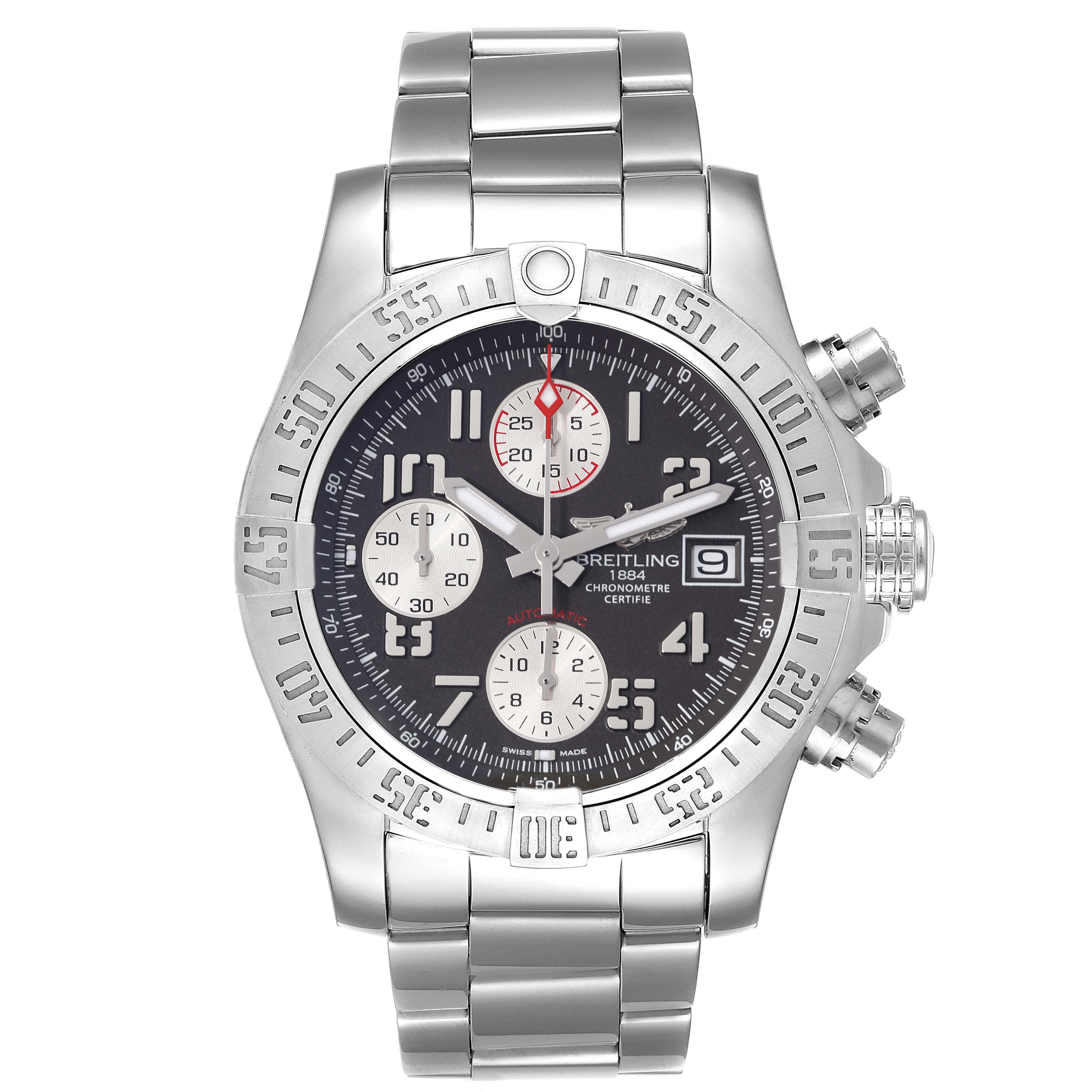 This image shows a front view of the Breitling Avenger A13381 Men's Stainless Steel Grey Dial A13381 Men's Stainless Steel Grey Dial watch, detailing the watch face, bezel, chronograph subdials, and bracelet.
