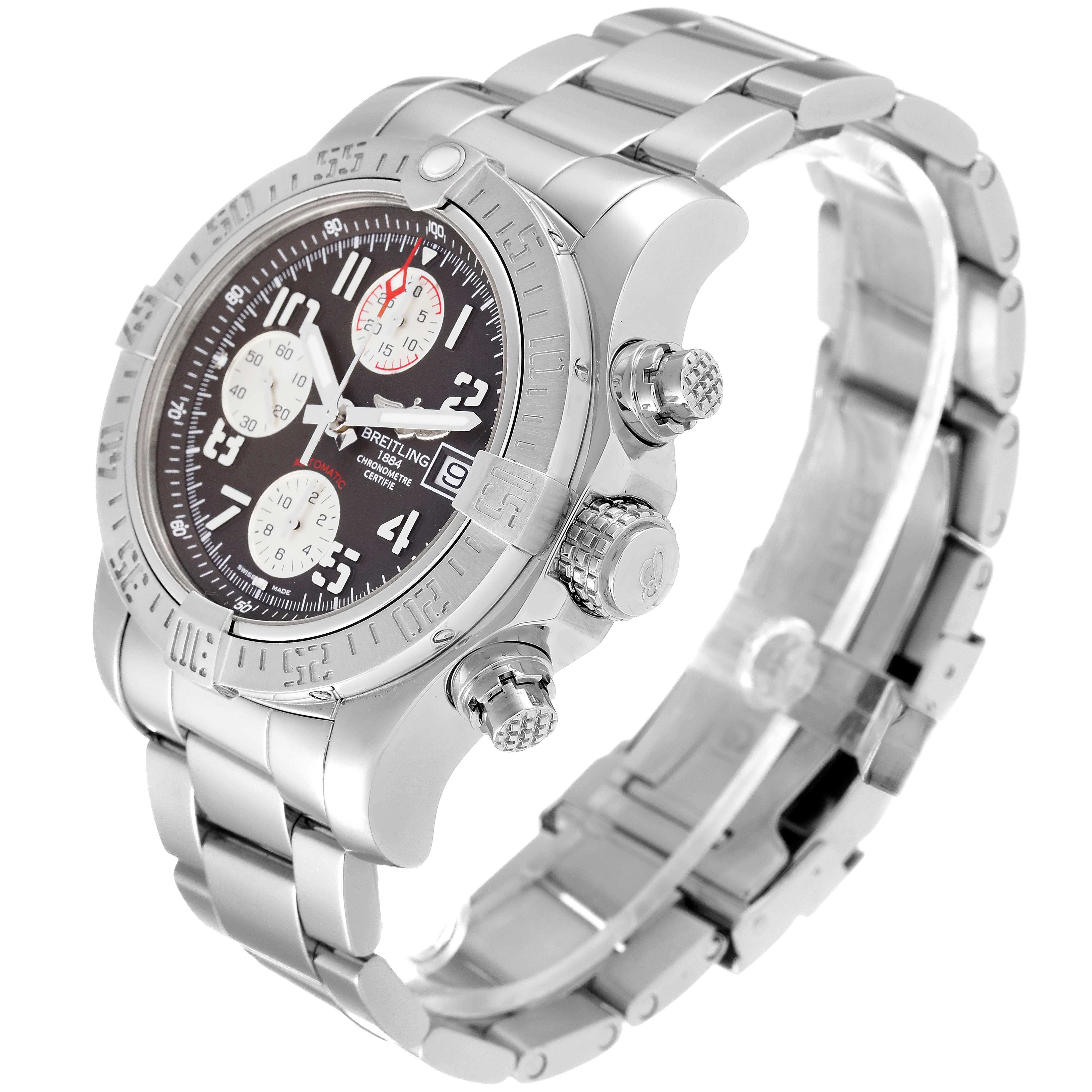 The image shows a Breitling Avenger A13381 Men's Stainless Steel Grey Dial A13381 Men's Stainless Steel Grey Dial model watch at a front tilted angle highlighting the face, bezel, and bracelet.
