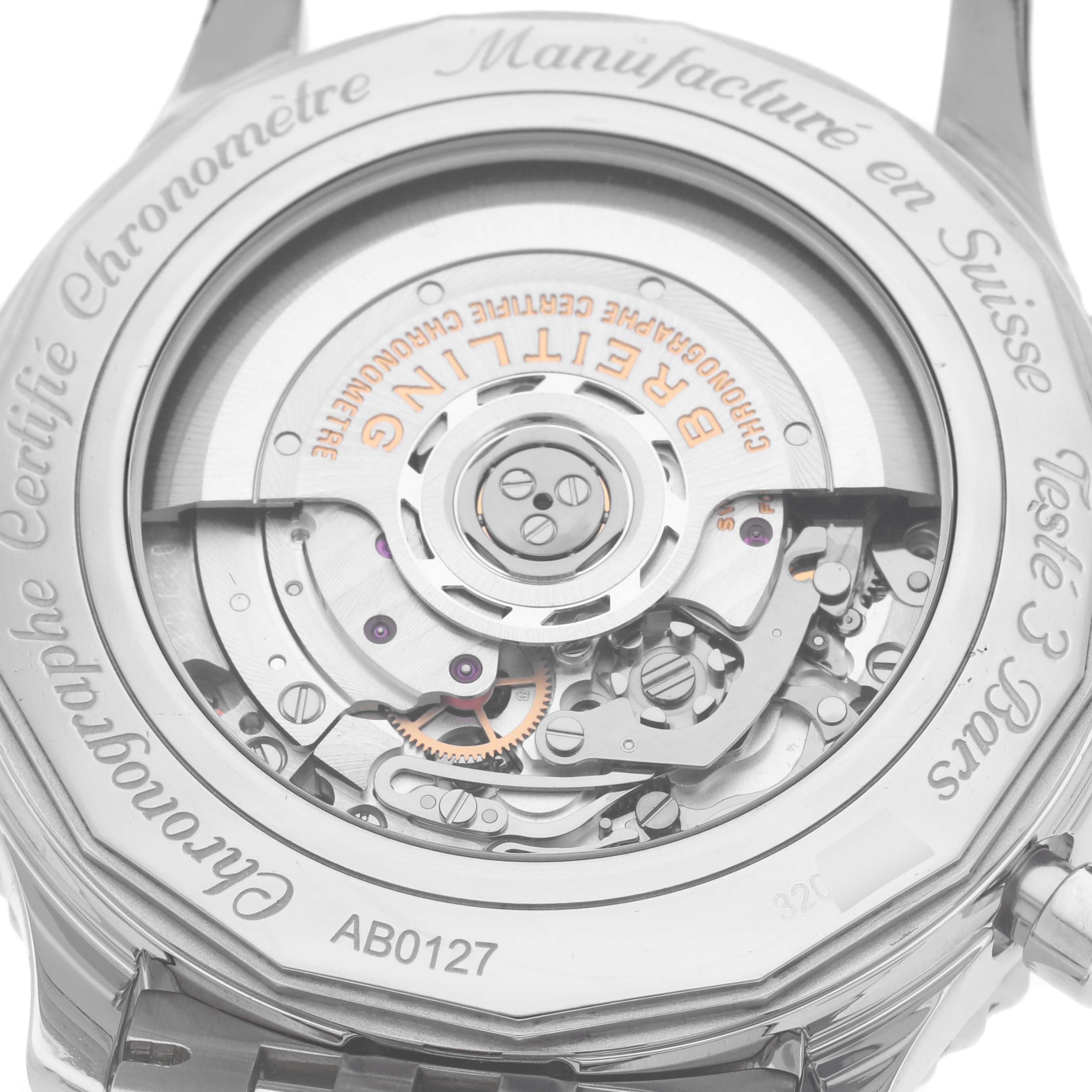 The image shows the back side of a Breitling Navitimer AB012721-C889-453A Men's Stainless Steel Blue Dial AB012721-C889-453A Men's Stainless Steel Blue Dial watch, highlighting its intricate movement and internal mechanics.