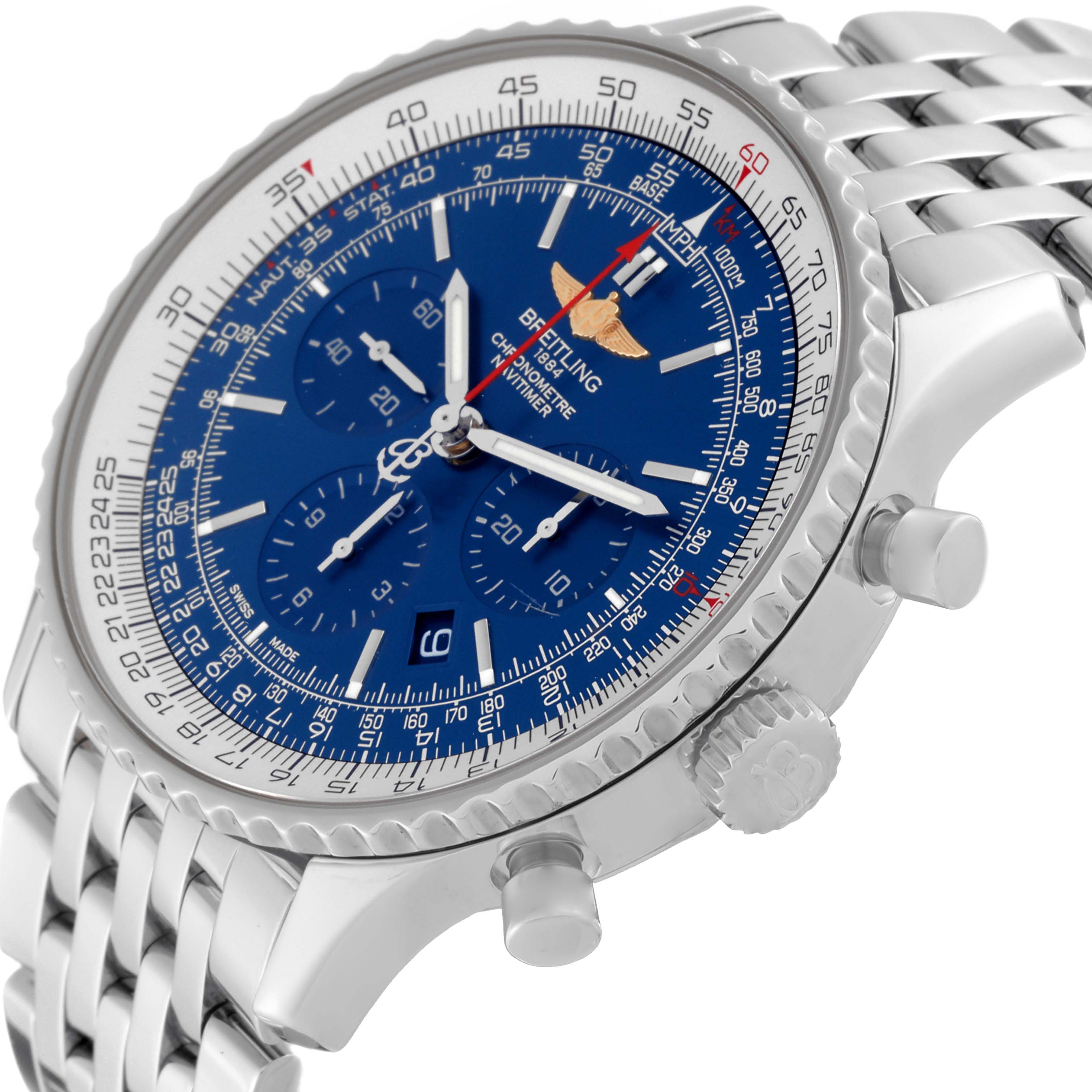 This image shows a close-up, side angle of the Breitling Navitimer AB012721-C889-453A Men's Stainless Steel Blue Dial AB012721-C889-453A Men's Stainless Steel Blue Dial watch, highlighting the dial, crown, and part of the metal bracelet.