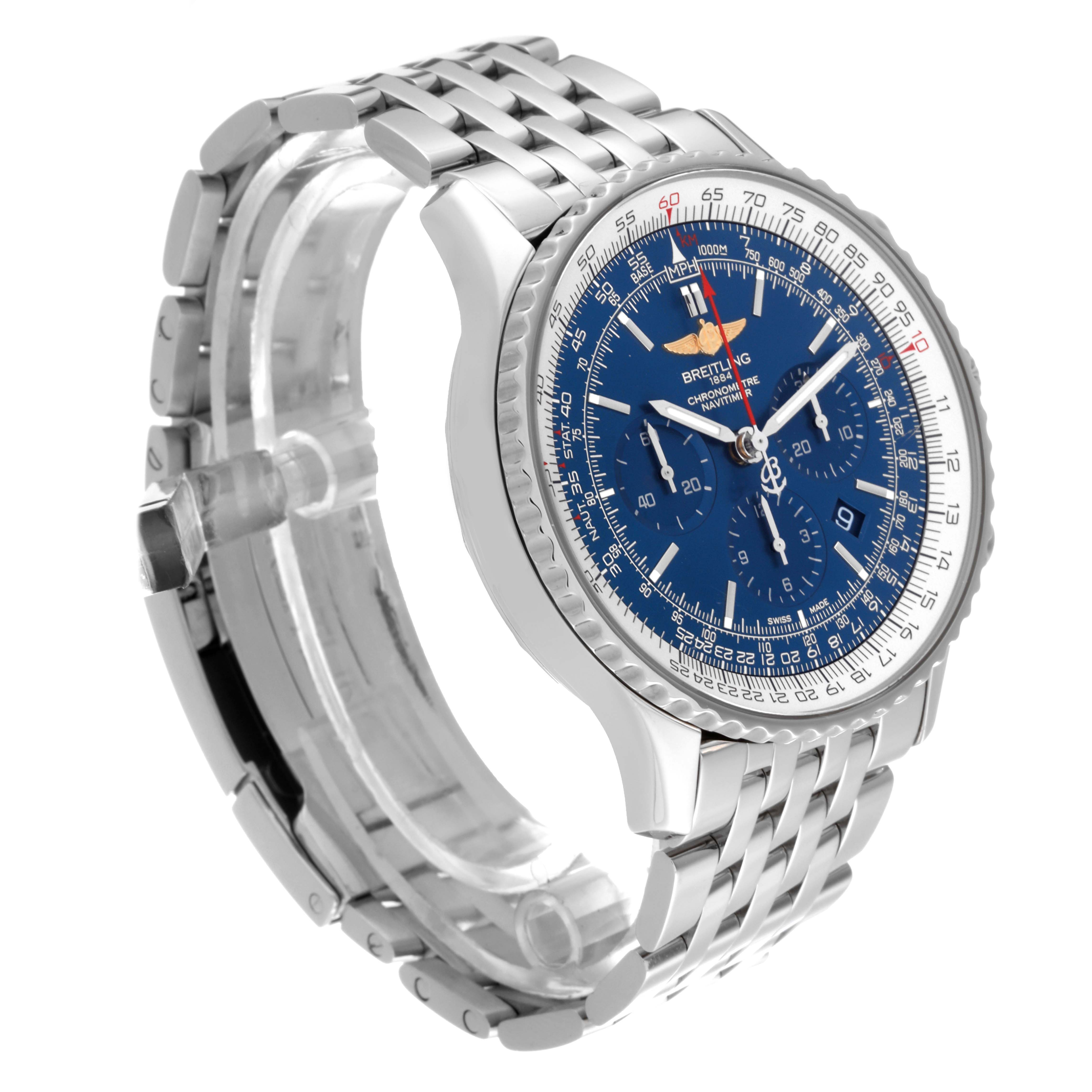 The Breitling Navitimer AB012721-C889-453A Men's Stainless Steel Blue Dial AB012721-C889-453A Men's Stainless Steel Blue Dial watch is shown at a slight angle, highlighting its blue dial, bezel, and stainless steel bracelet.