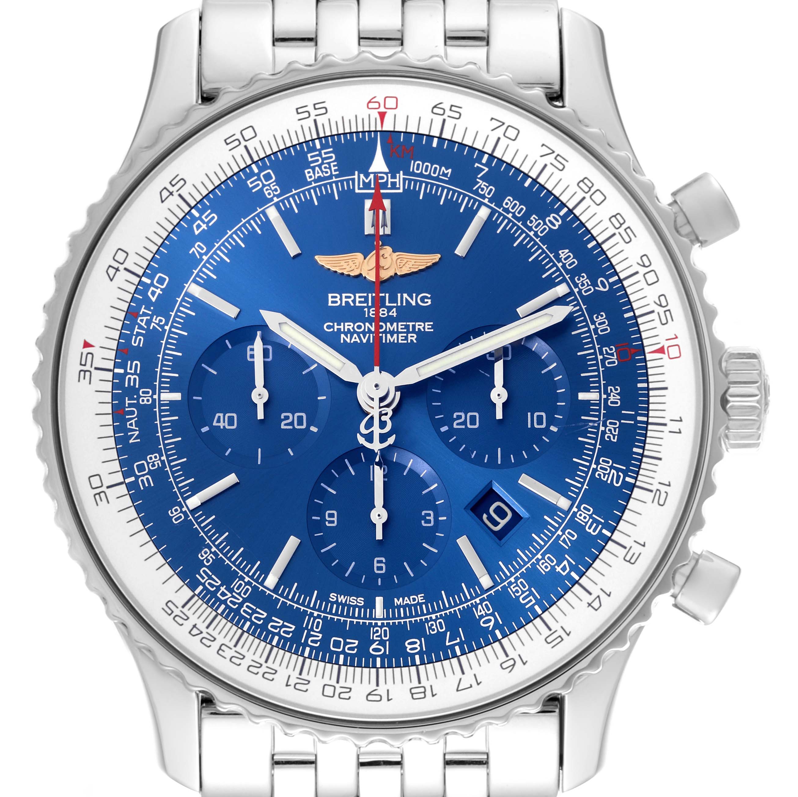 The Breitling Navitimer AB012721-C889-453A Men's Stainless Steel Blue Dial AB012721-C889-453A Men's Stainless Steel Blue Dial watch is shown from a front angle, showcasing its dial, chronograph subdials, bezel, and stainless steel bracelet.