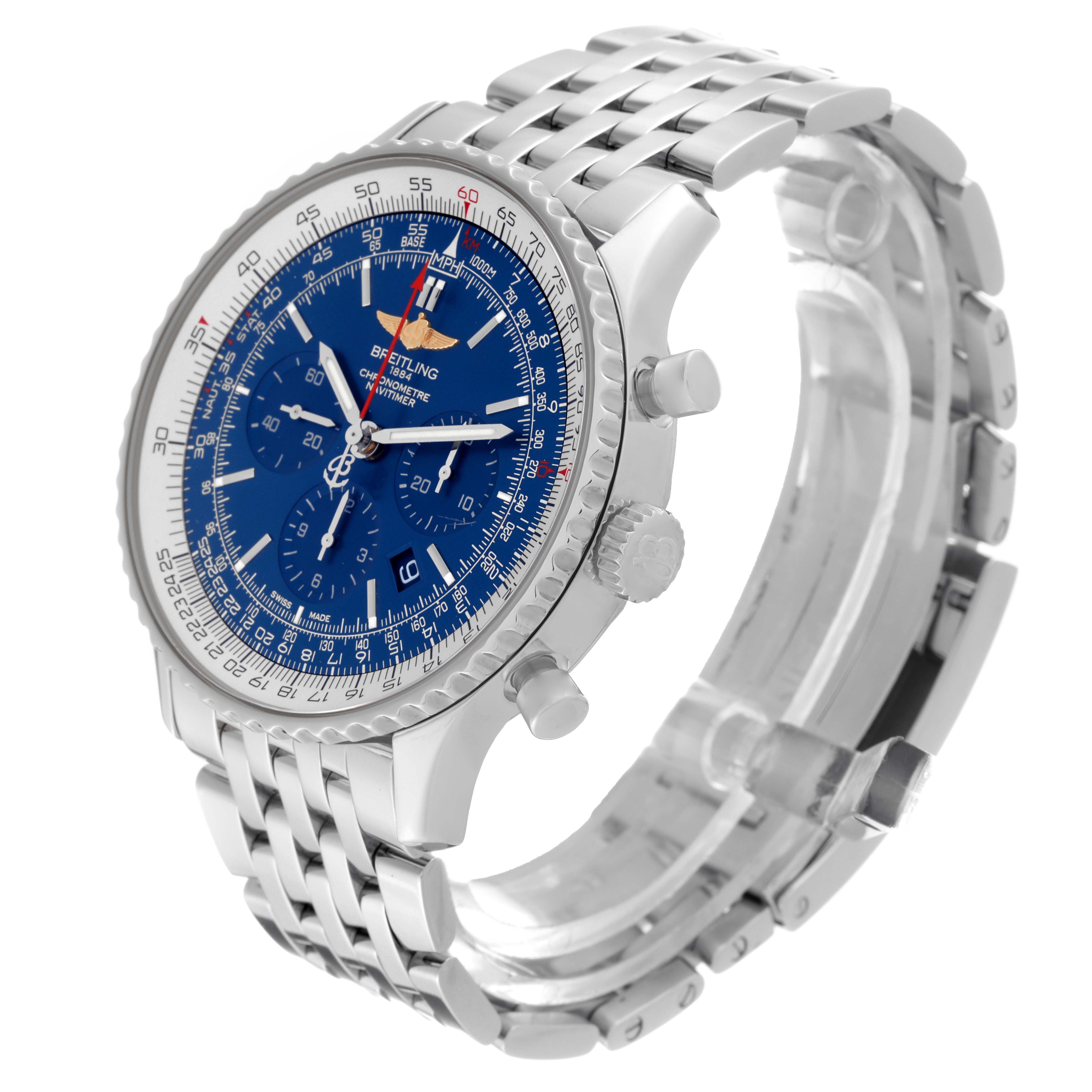 This is a side angle view of a Breitling Navitimer AB012721-C889-453A Men's Stainless Steel Blue Dial AB012721-C889-453A Men's Stainless Steel Blue Dial watch showing its blue dial, bezel, crown, pushers, and stainless steel bracelet.