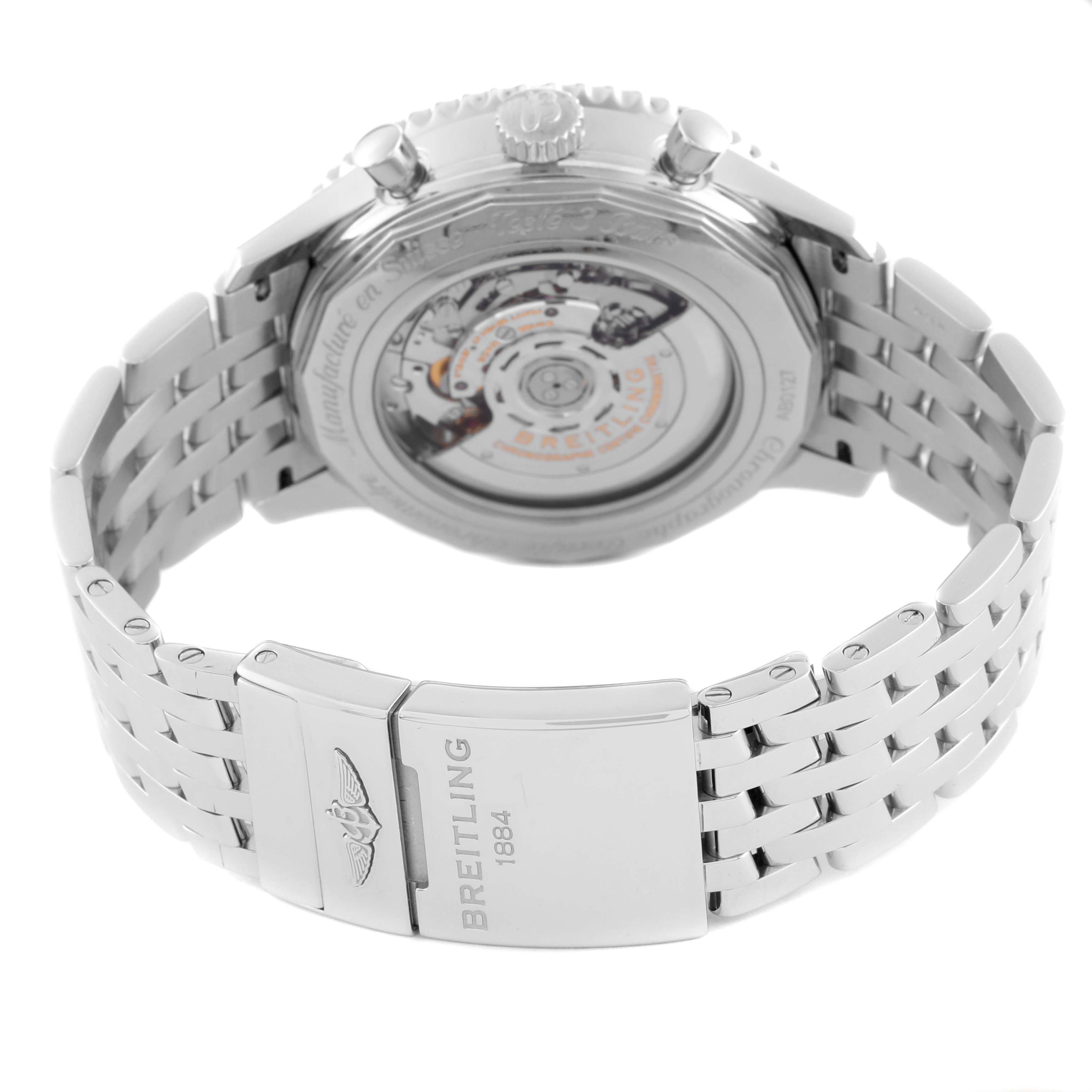 This image shows the back view of a Breitling Navitimer AB012721-C889-453A Men's Stainless Steel Blue Dial AB012721-C889-453A Men's Stainless Steel Blue Dial watch, highlighting the clasp and transparent case back.