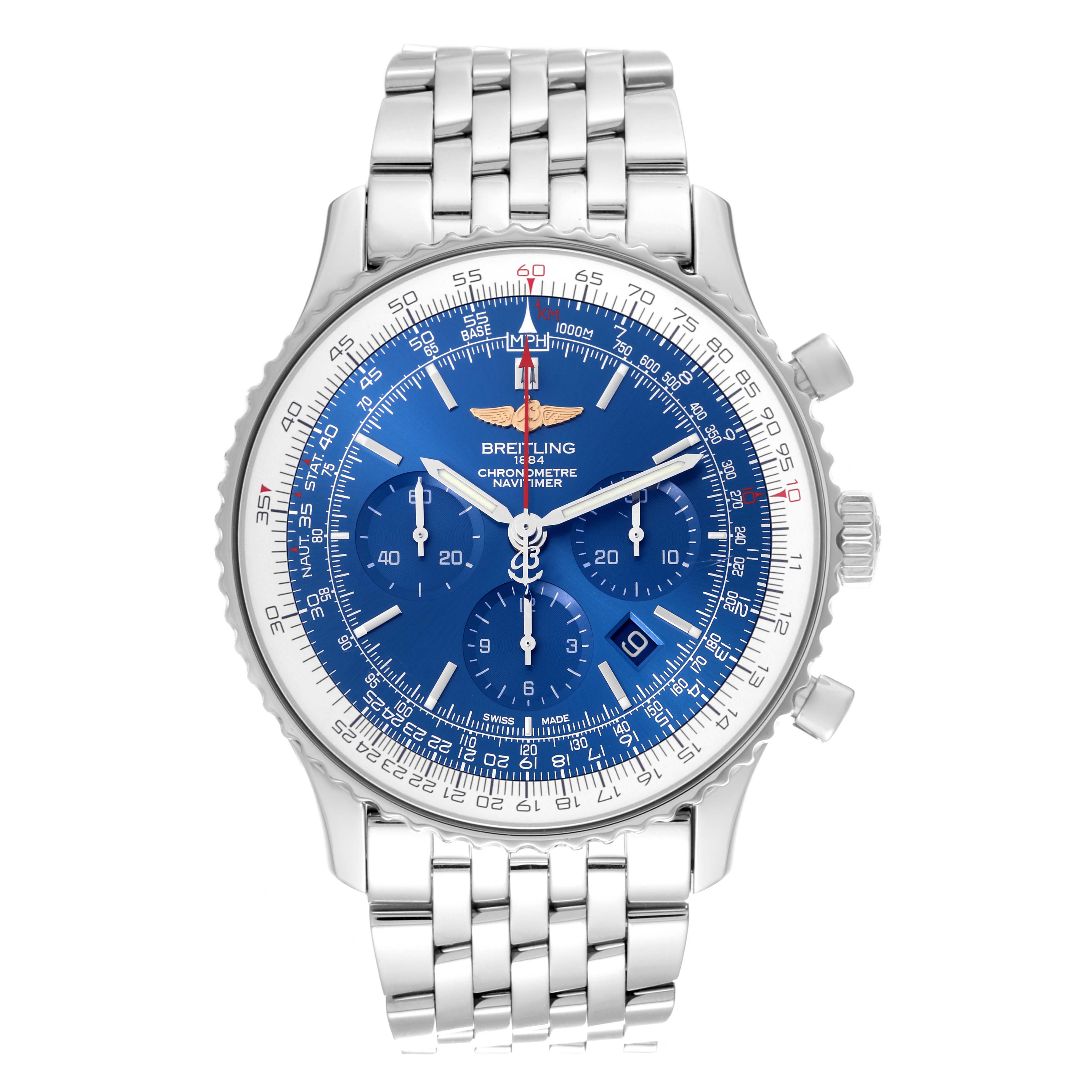 The image shows the front view of a Breitling Navitimer AB012721-C889-453A Men's Stainless Steel Blue Dial AB012721-C889-453A Men's Stainless Steel Blue Dial watch with a blue dial and a silver bracelet.