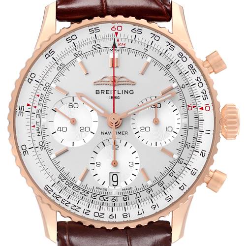 Photo of Breitling Navitimer B01 41mm Rose Gold Silver Dial Mens Watch RB0139 Box Card