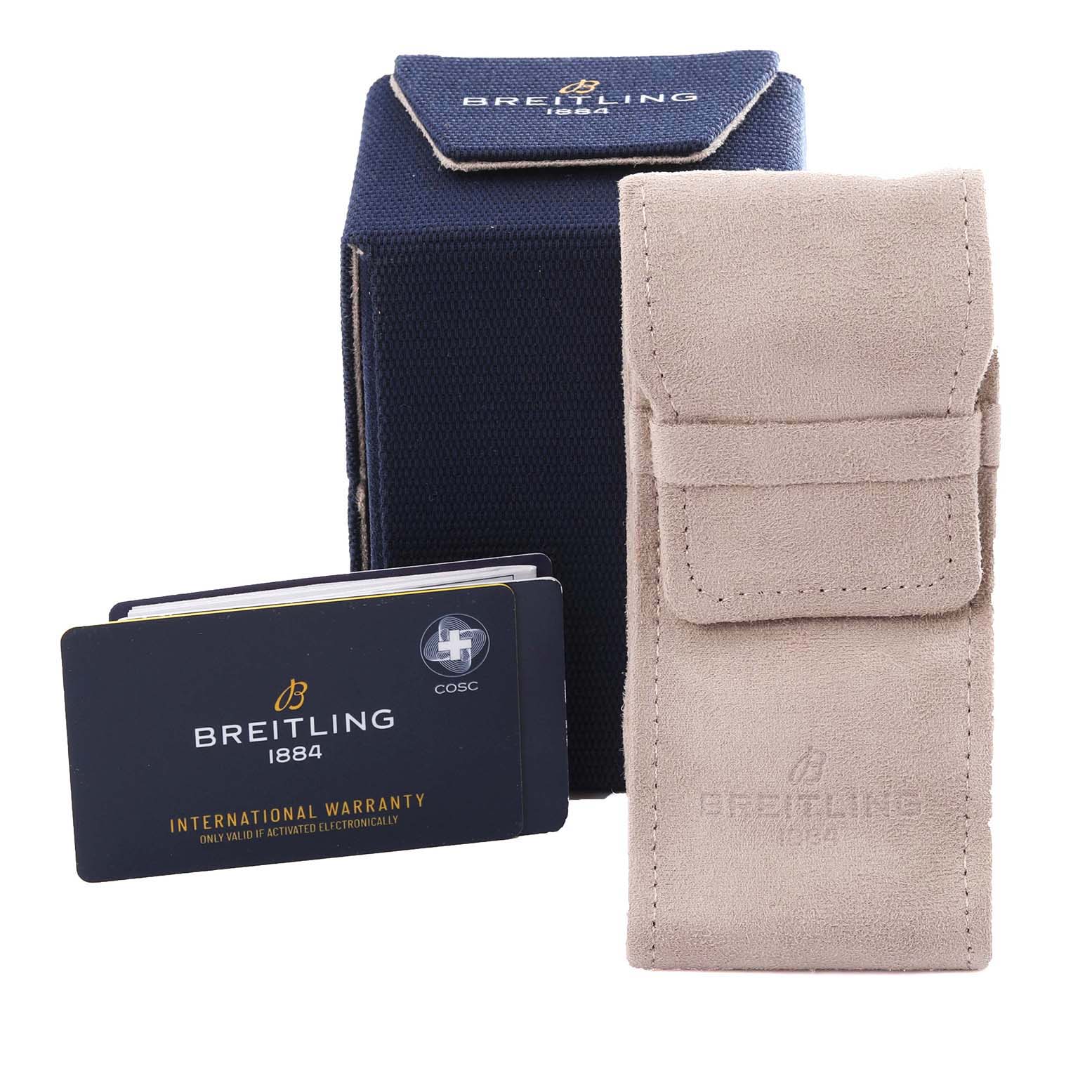 The image shows a Breitling Navitimer RB0139 Men's Rose Gold Silver Dial box, suede pouch, and warranty card from a side angle.