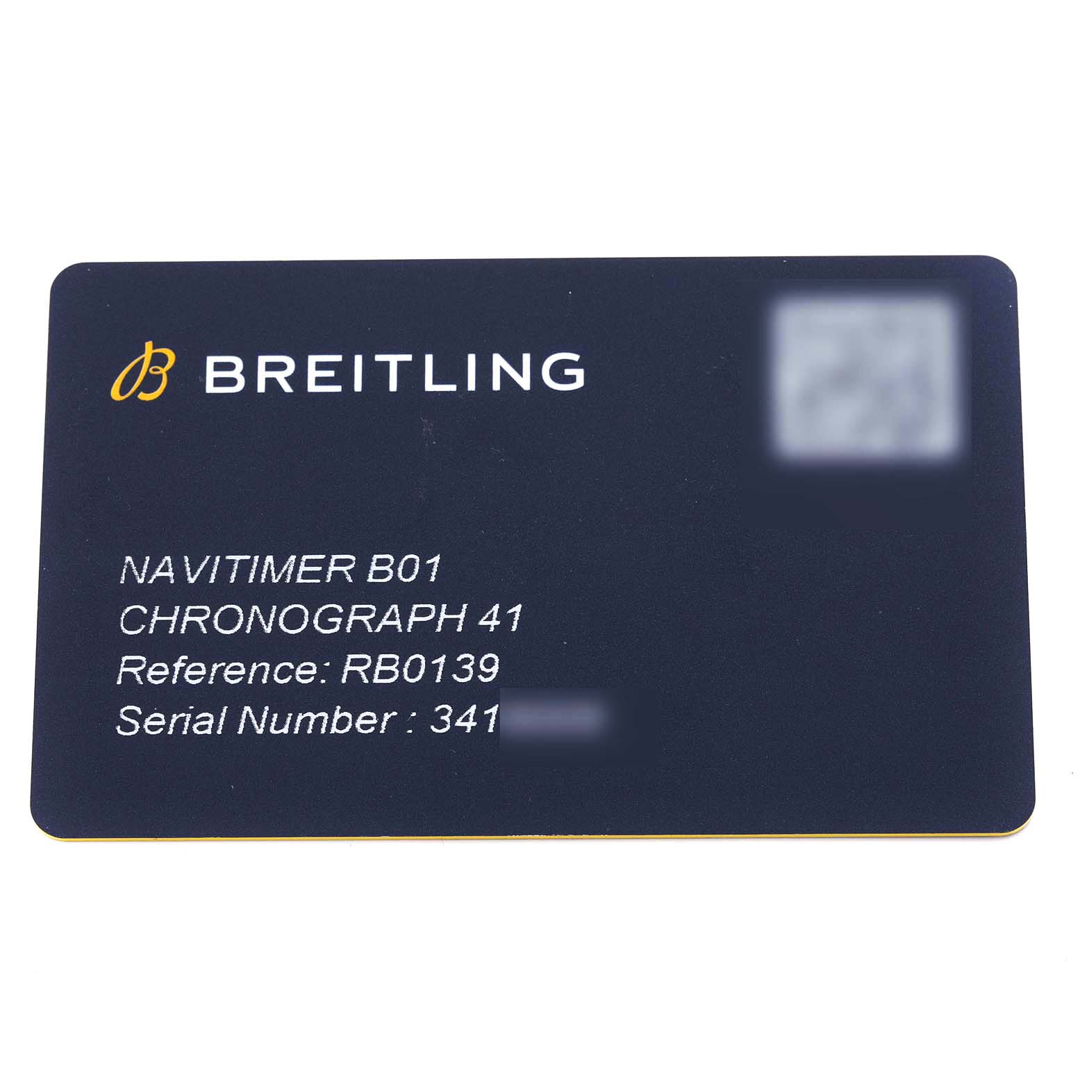 This image shows a Breitling Navitimer RB0139 Men's Rose Gold Silver Dial model identification card from a top-down angle.