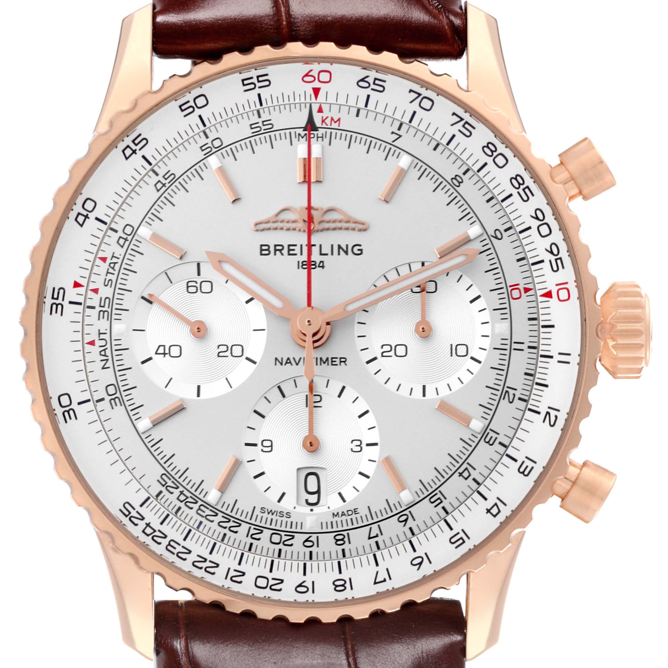 This image shows a close-up front view of the Breitling Navitimer RB0139 Men's Rose Gold Silver Dial RB0139 Men's Rose Gold Silver Dial watch, displaying the dial, bezel, crown, and leather strap.