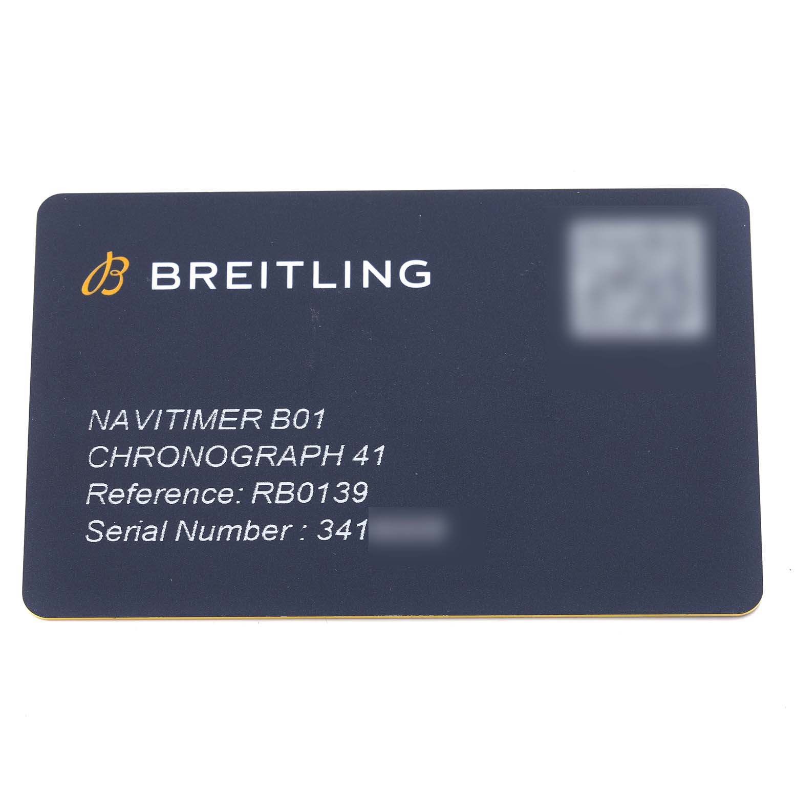 This image shows the warranty card for the Breitling Navitimer RB0139 Men's Rose Gold Silver Dial RB0139 Men's Rose Gold Silver Dial B01 Chronograph 41, including the reference and serial number.