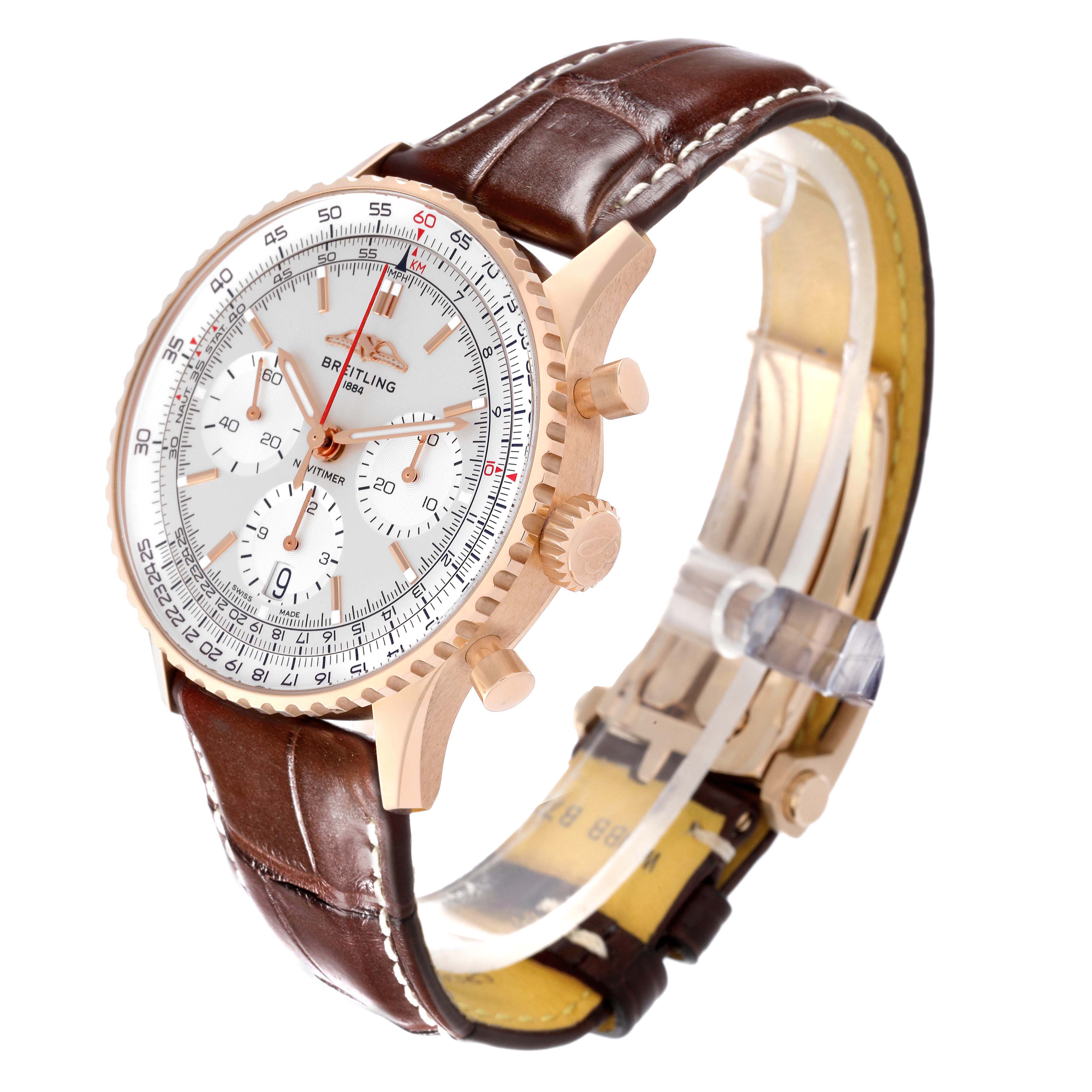 The Breitling Navitimer RB0139 Men's Rose Gold Silver Dial watch is shown at a three-quarter angle, displaying the face, bezel, crown, pushers, and leather strap.