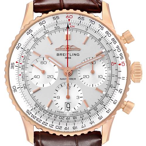 The image shows a front view of the Breitling Navitimer RB0139 Men's Rose Gold Silver Dial watch, detailing the face, subdials, bezel, and crown.