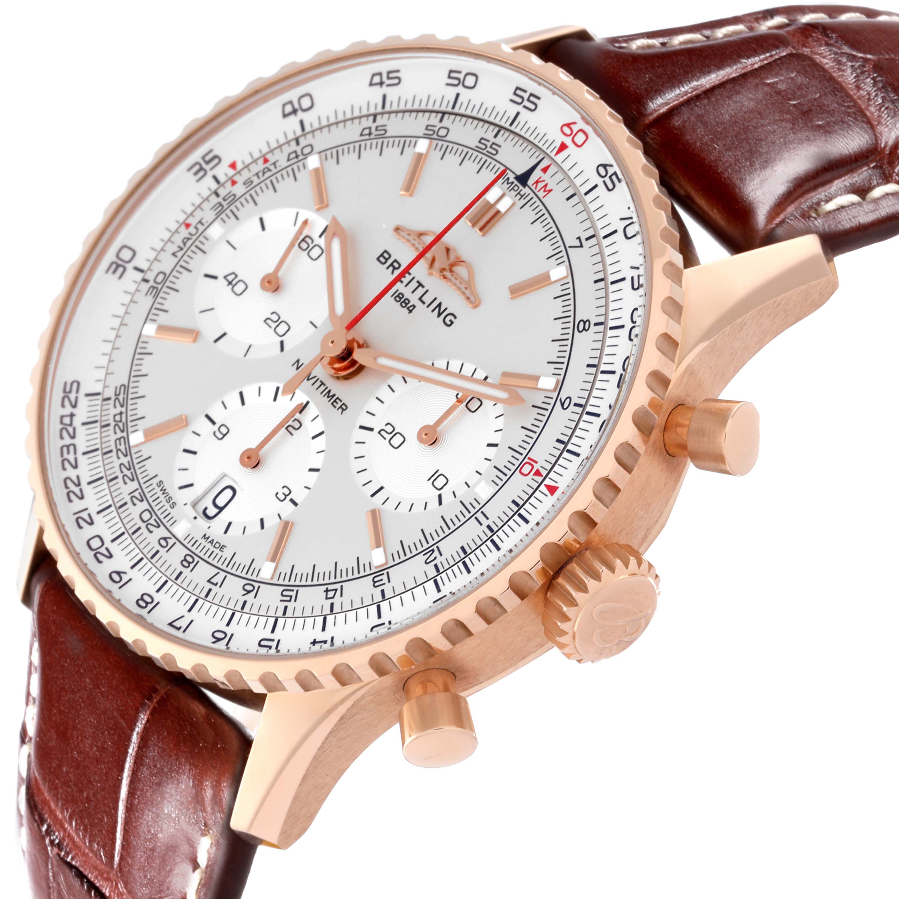 The image shows a close-up, side angle view of the Breitling Navitimer RB0139 Men's Rose Gold Silver Dial RB0139 Men's Rose Gold Silver Dial watch, highlighting the bezel, crown, dials, and leather strap.
