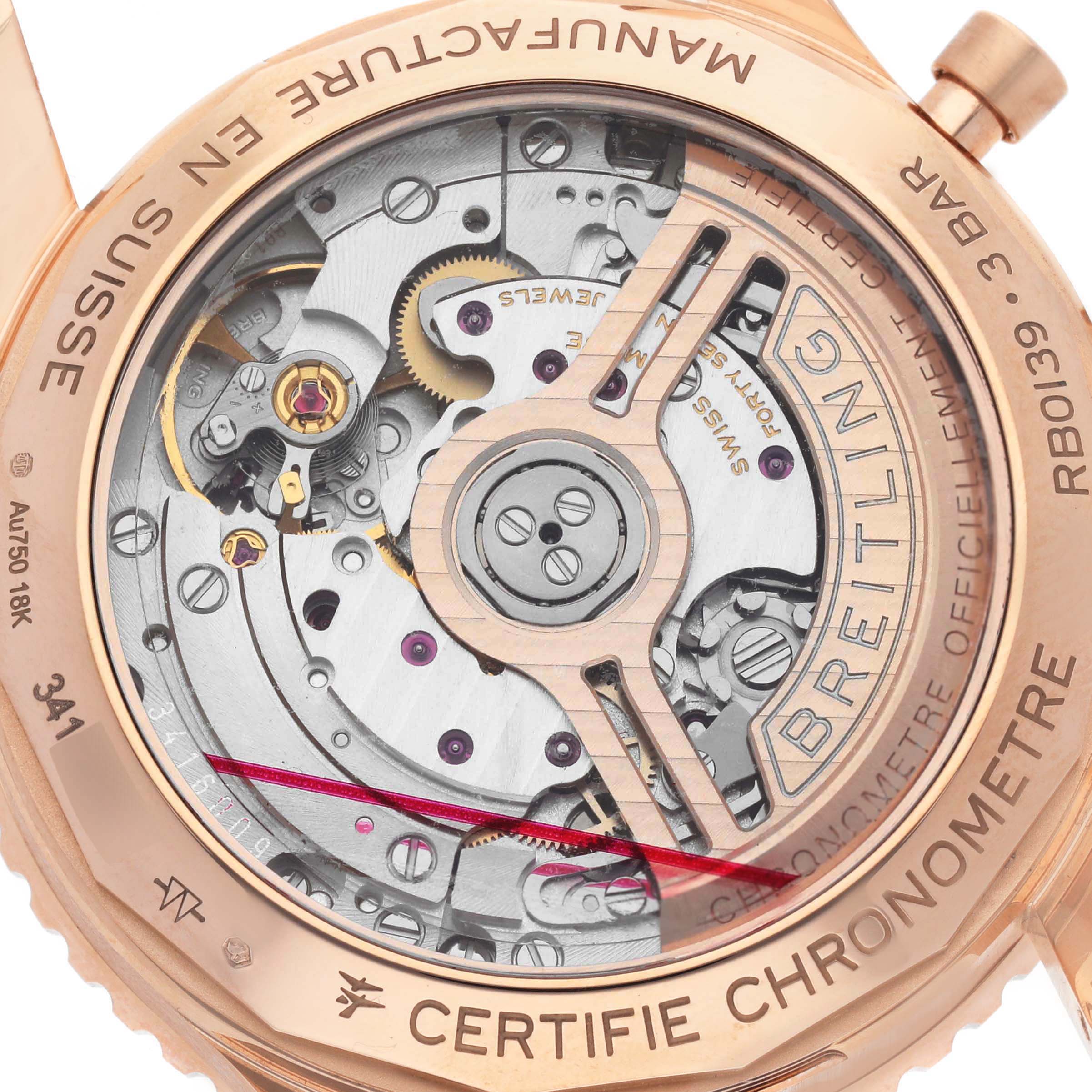 The image shows the back view of a Breitling Navitimer RB0139 Men's Rose Gold Silver Dial, highlighting its intricate movement and rotor through a transparent case back.