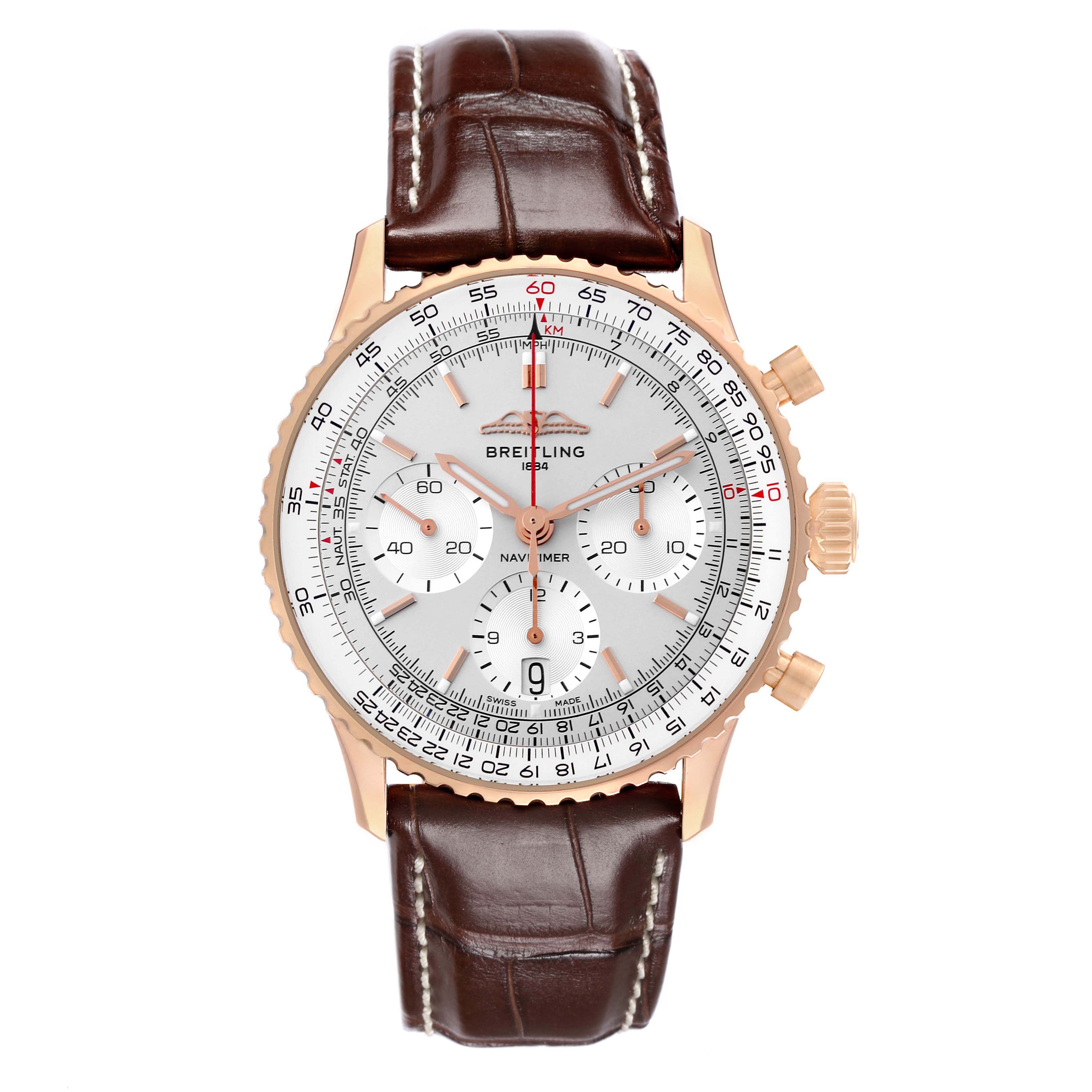 The Breitling Navitimer RB0139 Men's Rose Gold Silver Dial watch is shown from a top-down angle, displaying the full dial, bezel, crown, pushers, and leather strap.