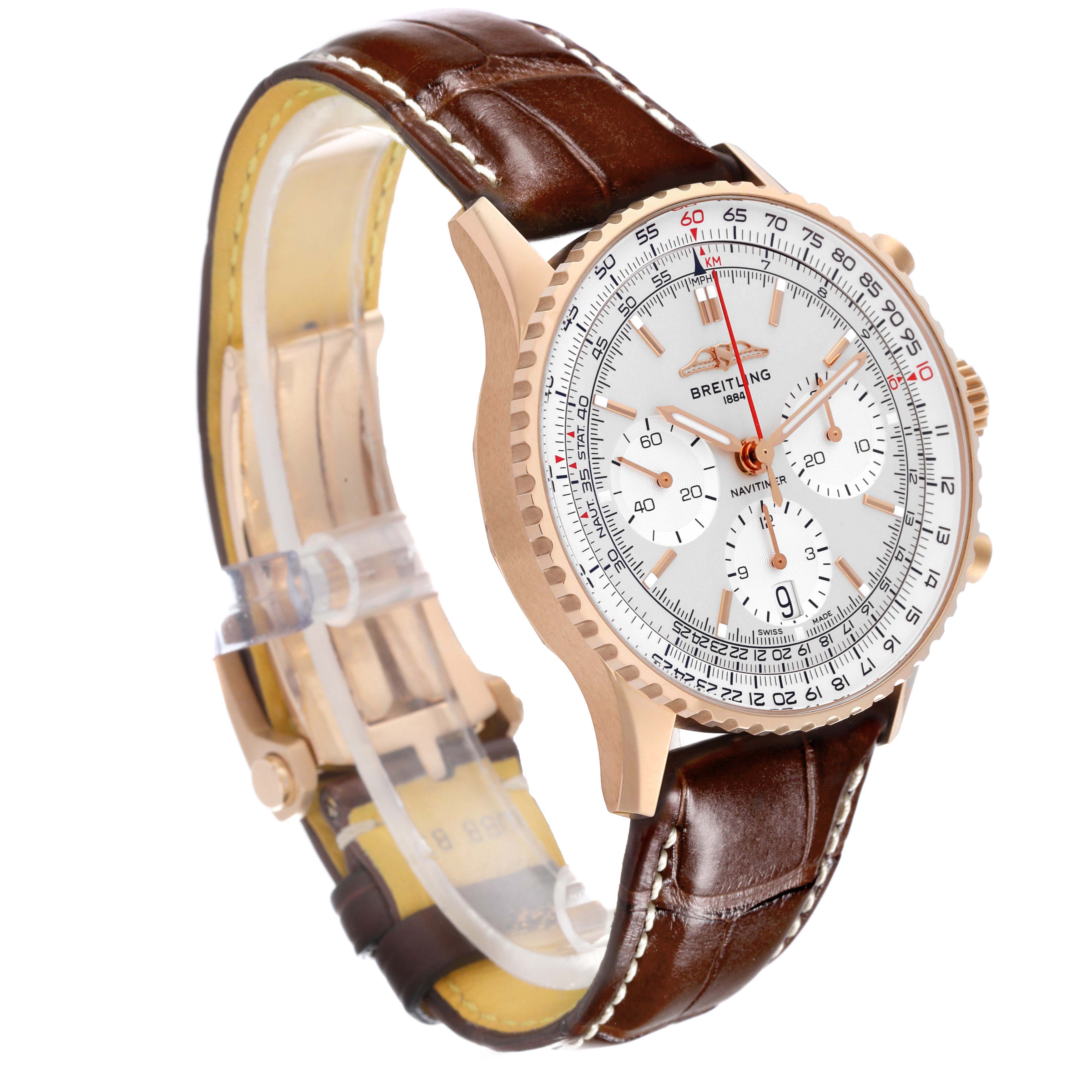 The Breitling Navitimer RB0139 Men's Rose Gold Silver Dial watch is shown at a three-quarter angle, highlighting the dial, case, and leather strap.