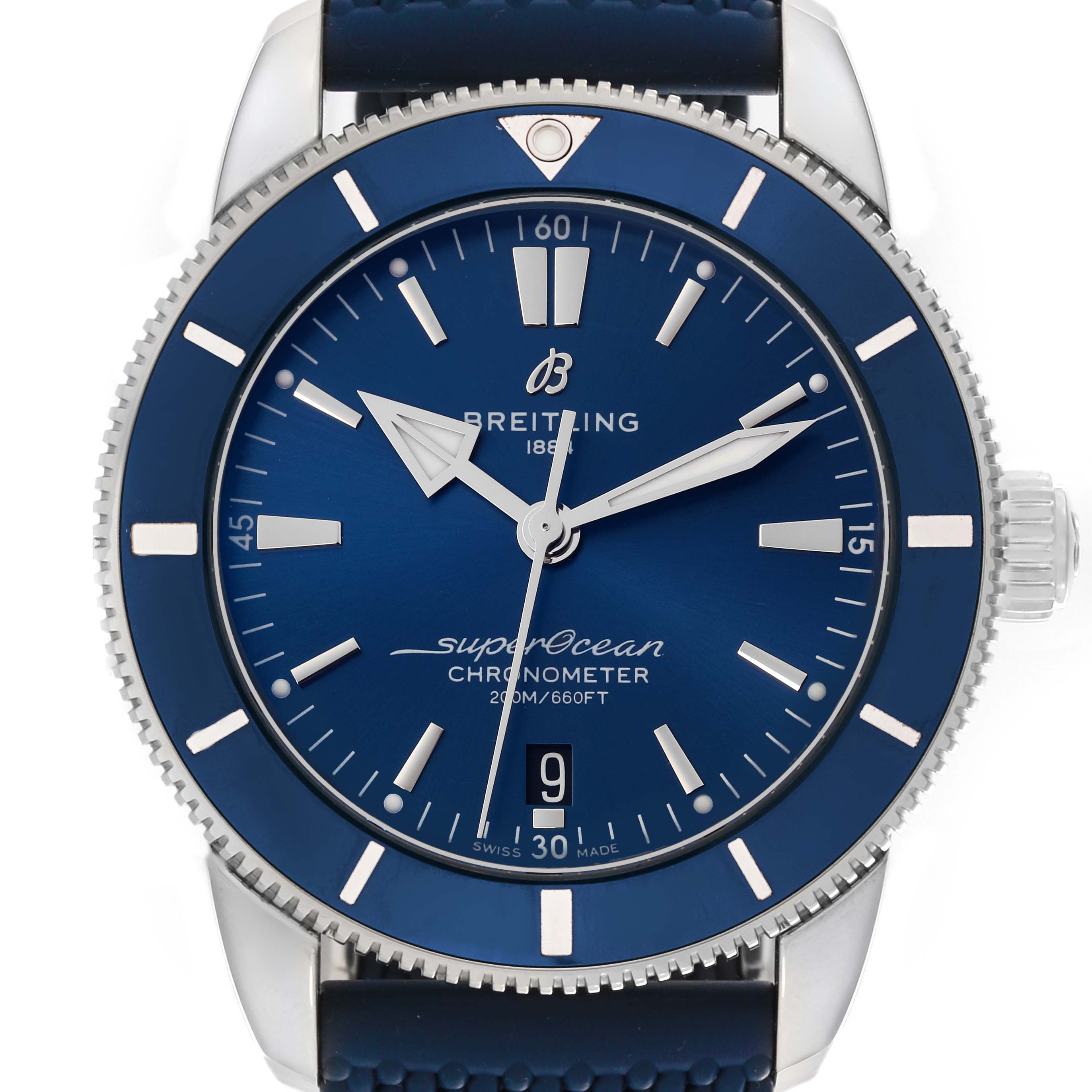 The image shows a front view of the Breitling Superocean AB2030 Men's Stainless Steel Blue Dial AB2030 Men's Stainless Steel Blue Dial watch, displaying its blue dial, bezel, hour markers, and date window.