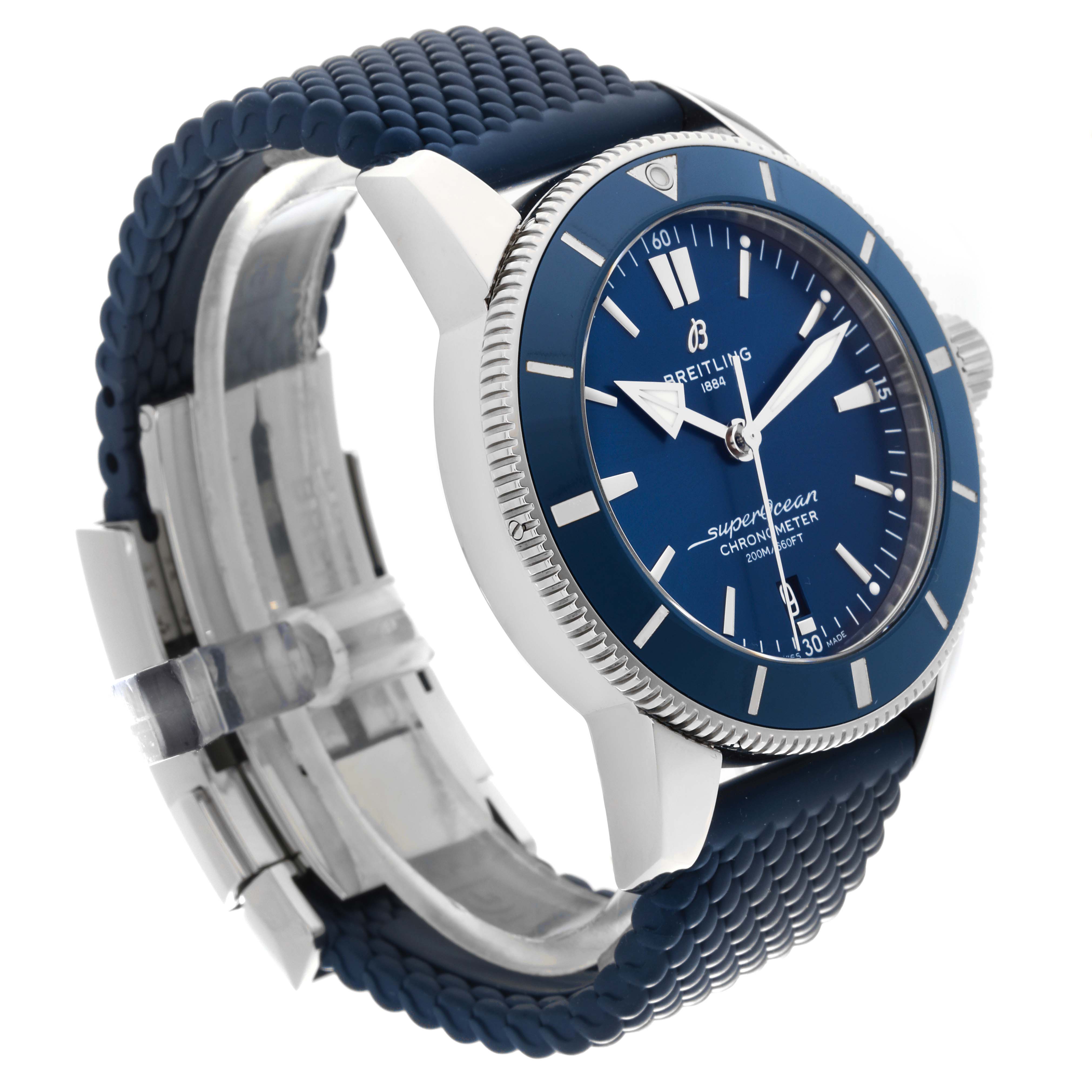 The image shows a side angle of the Breitling Superocean AB2030 Men's Stainless Steel Blue Dial AB2030 Men's Stainless Steel Blue Dial watch, highlighting the blue dial, bezel, and rubber strap.