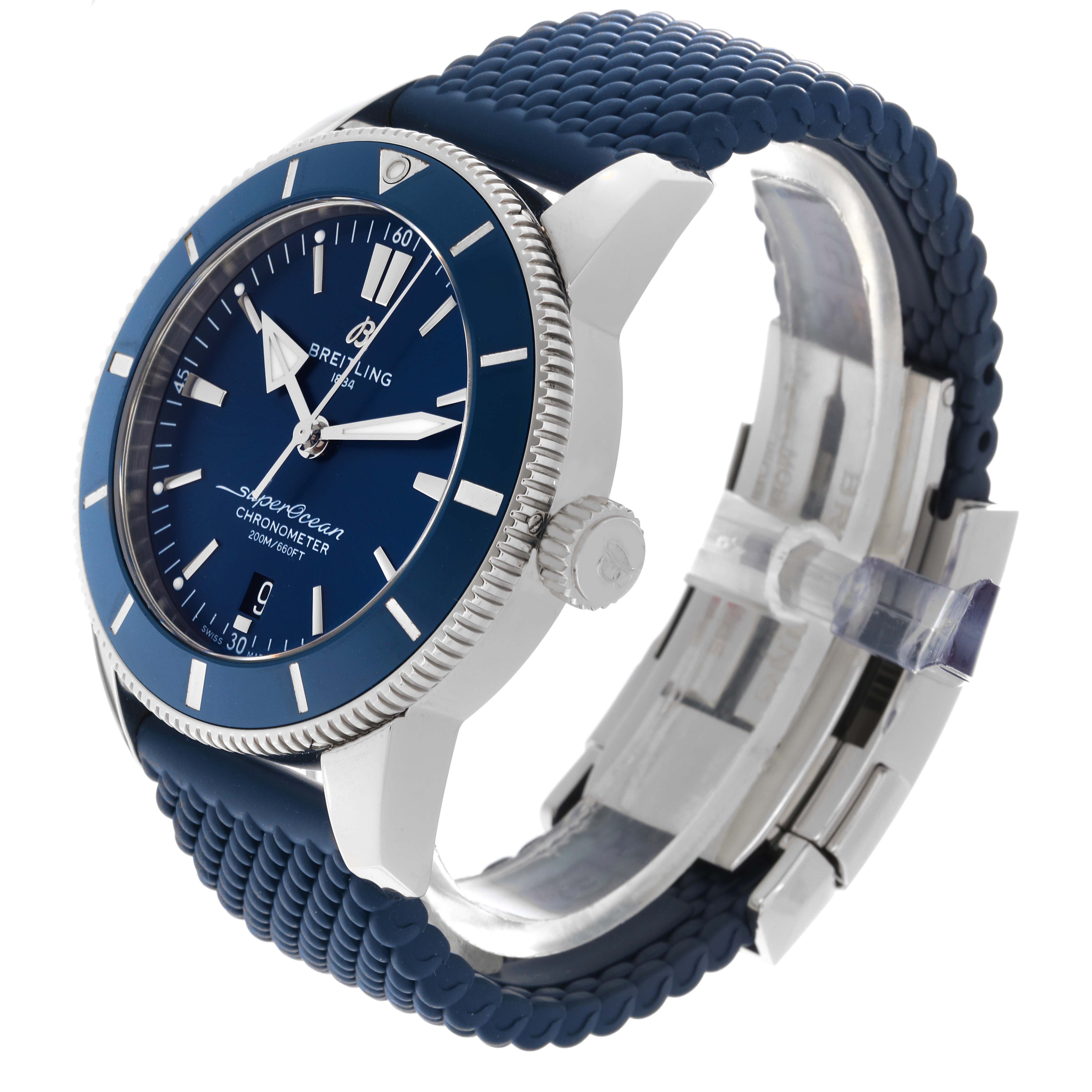 This Breitling Superocean AB2030 Men's Stainless Steel Blue Dial AB2030 Men's Stainless Steel Blue Dial watch is shown at a slight angle, highlighting the dial, bezel, crown, and blue textured strap.