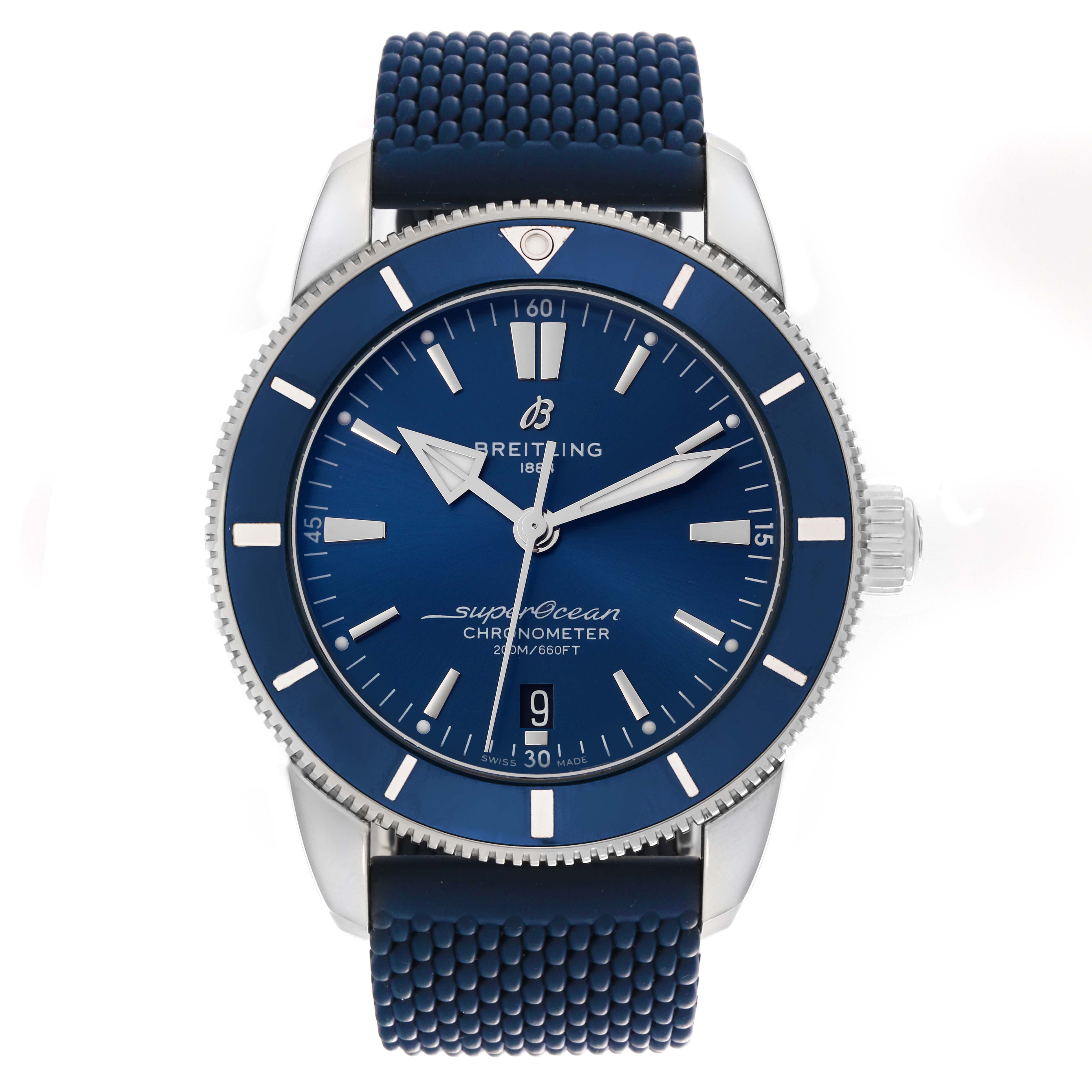 The Breitling Superocean AB2030 Men's Stainless Steel Blue Dial AB2030 Men's Stainless Steel Blue Dial watch is shown from a front angle, displaying its blue dial, bezel, and rubber strap.