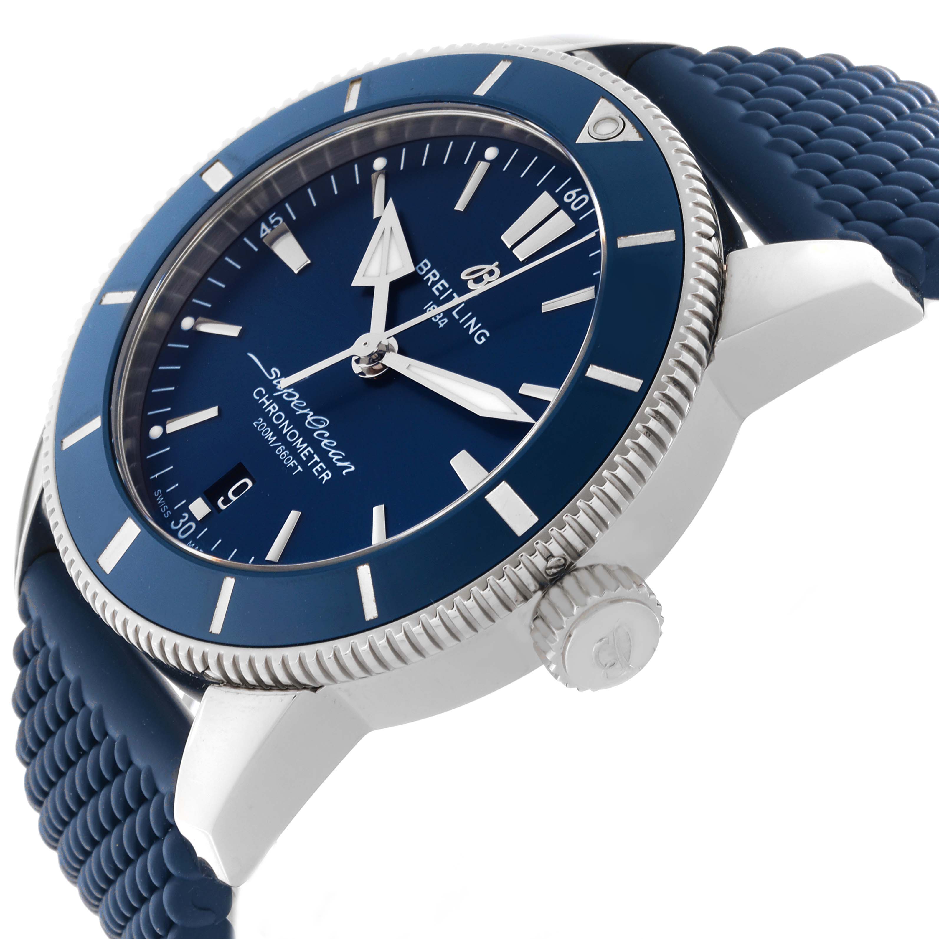 This Breitling Superocean AB2030 Men's Stainless Steel Blue Dial AB2030 Men's Stainless Steel Blue Dial watch is shown at an angled close-up, featuring its blue dial, bezel, and rubber strap.