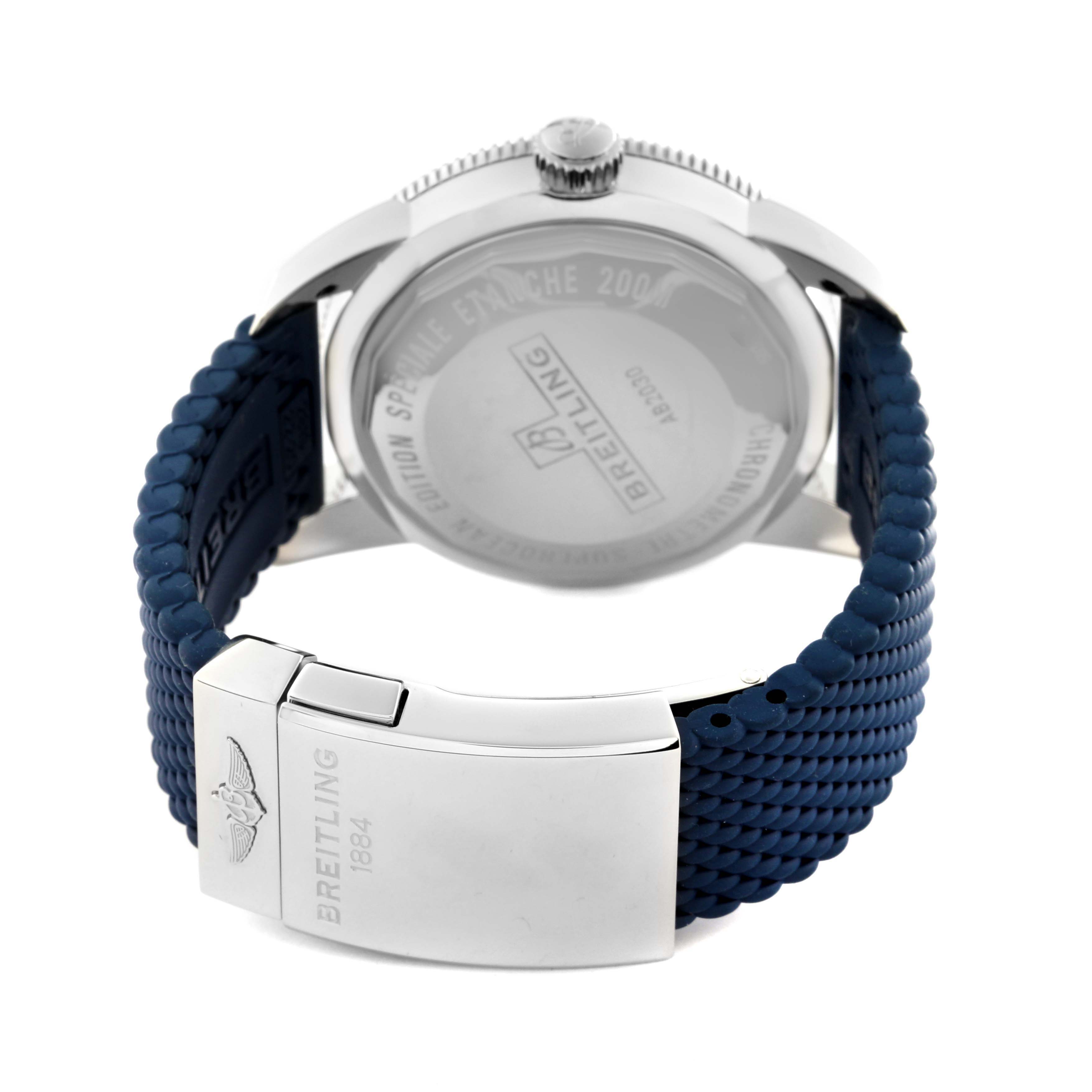 The image shows the back case and clasp of the Breitling Superocean AB2030 Men's Stainless Steel Blue Dial AB2030 Men's Stainless Steel Blue Dial watch with a blue textured strap.