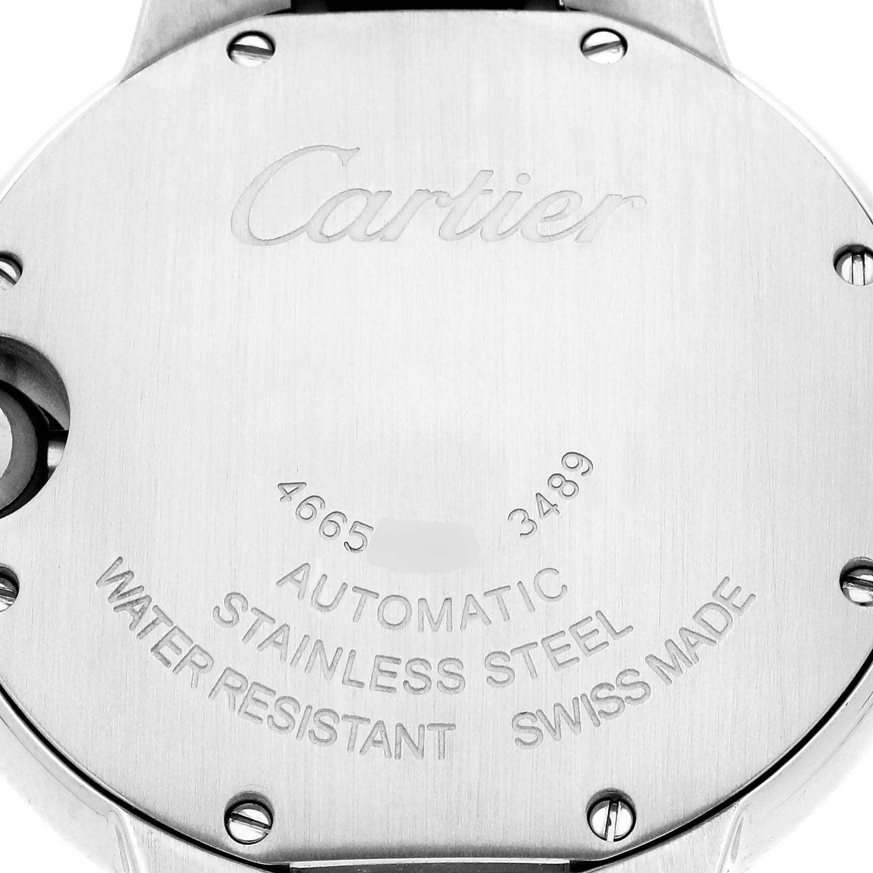 The image shows the back case of a Cartier Ballon Bleu W4BB0028 Women's Stainless Steel Blue Dial W4BB0028 Women's Stainless Steel Blue Dial watch, highlighting its brushed stainless steel finish and engraved details.