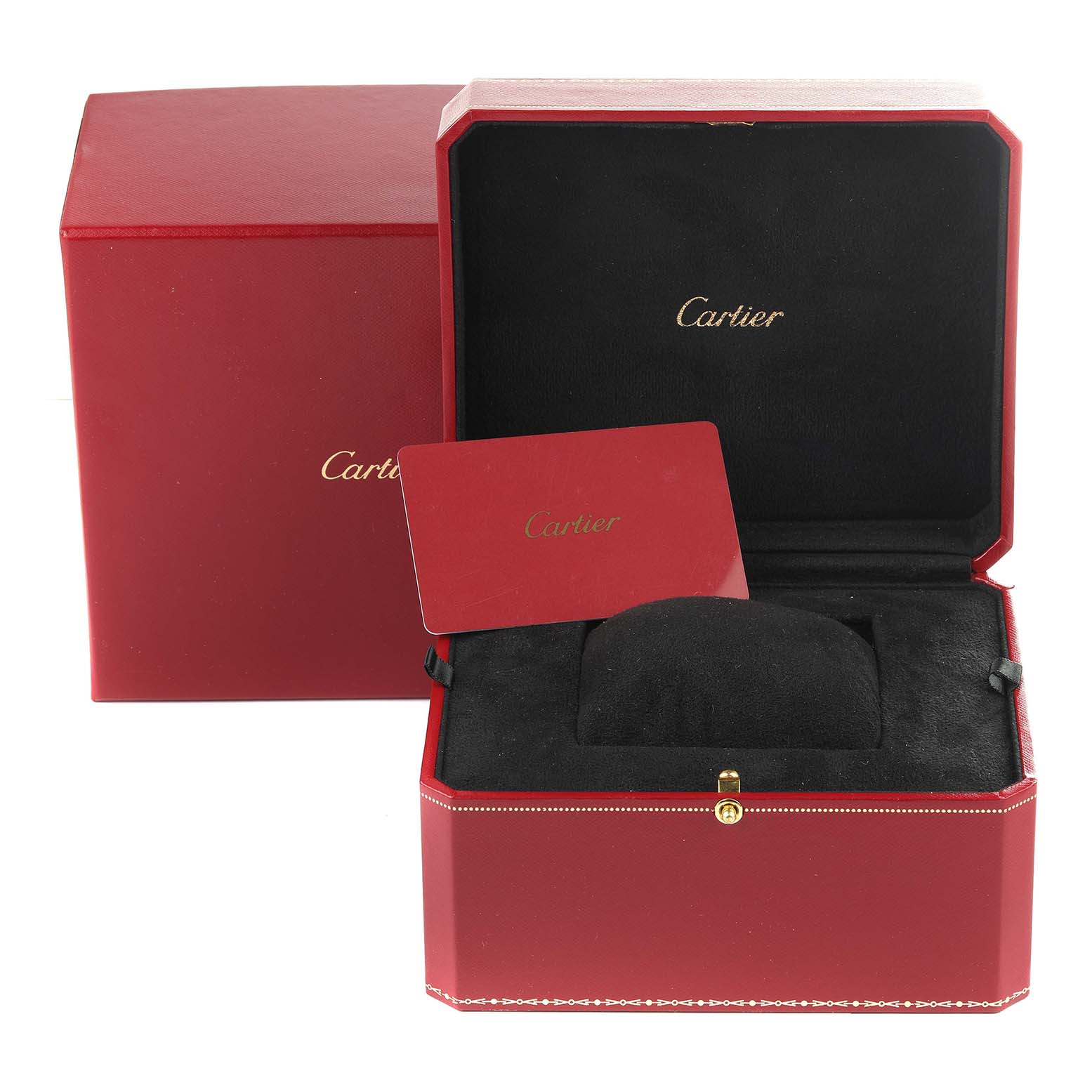 The image shows an open red Cartier Ballon Bleu W4BB0028 Women's Stainless Steel Blue Dial W4BB0028 Women's Stainless Steel Blue Dial watch box with a cushion and a Cartier card placed inside.