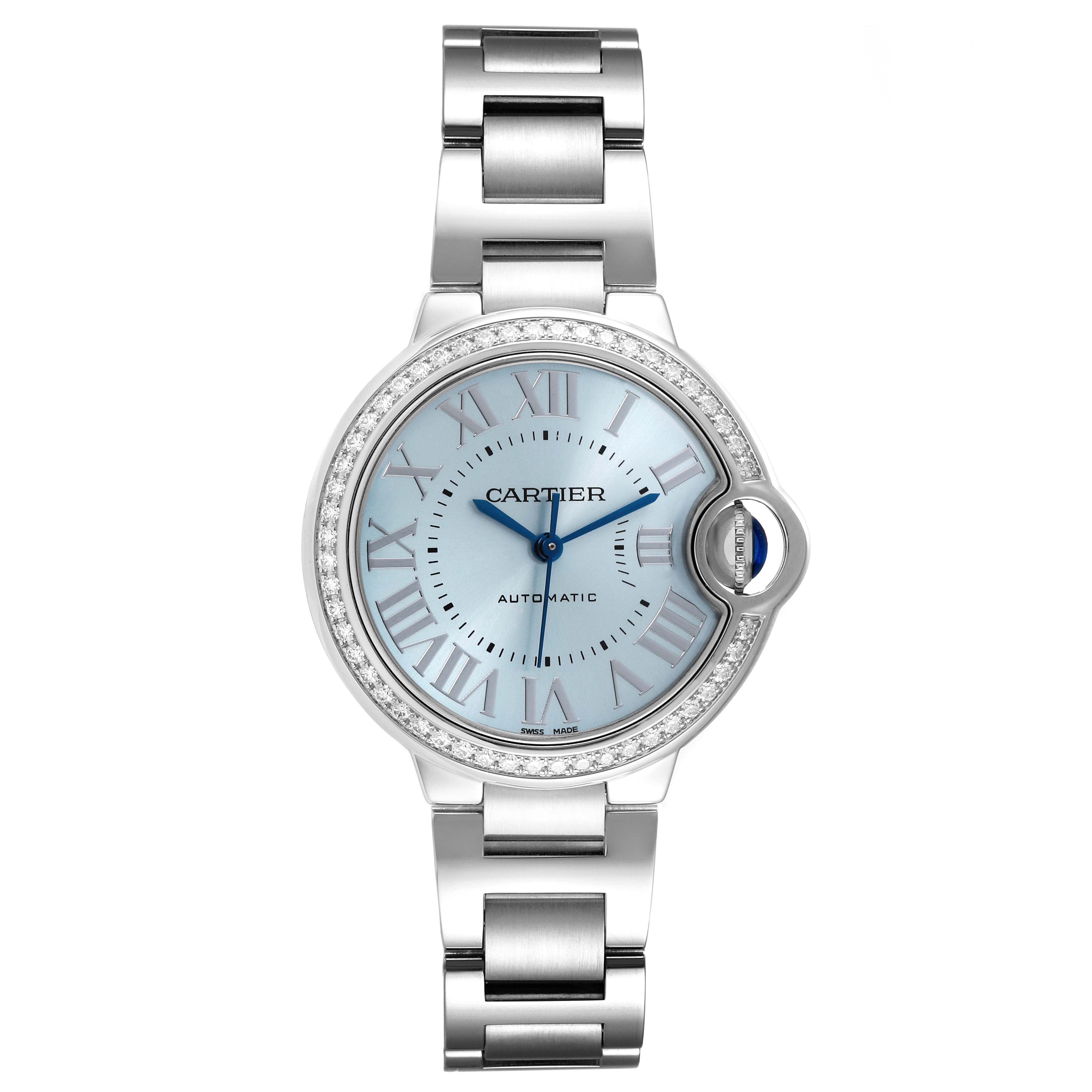 The image shows a front view of the Cartier Ballon Bleu W4BB0028 Women's Stainless Steel Blue Dial W4BB0028 Women's Stainless Steel Blue Dial watch, highlighting its face and metal bracelet.