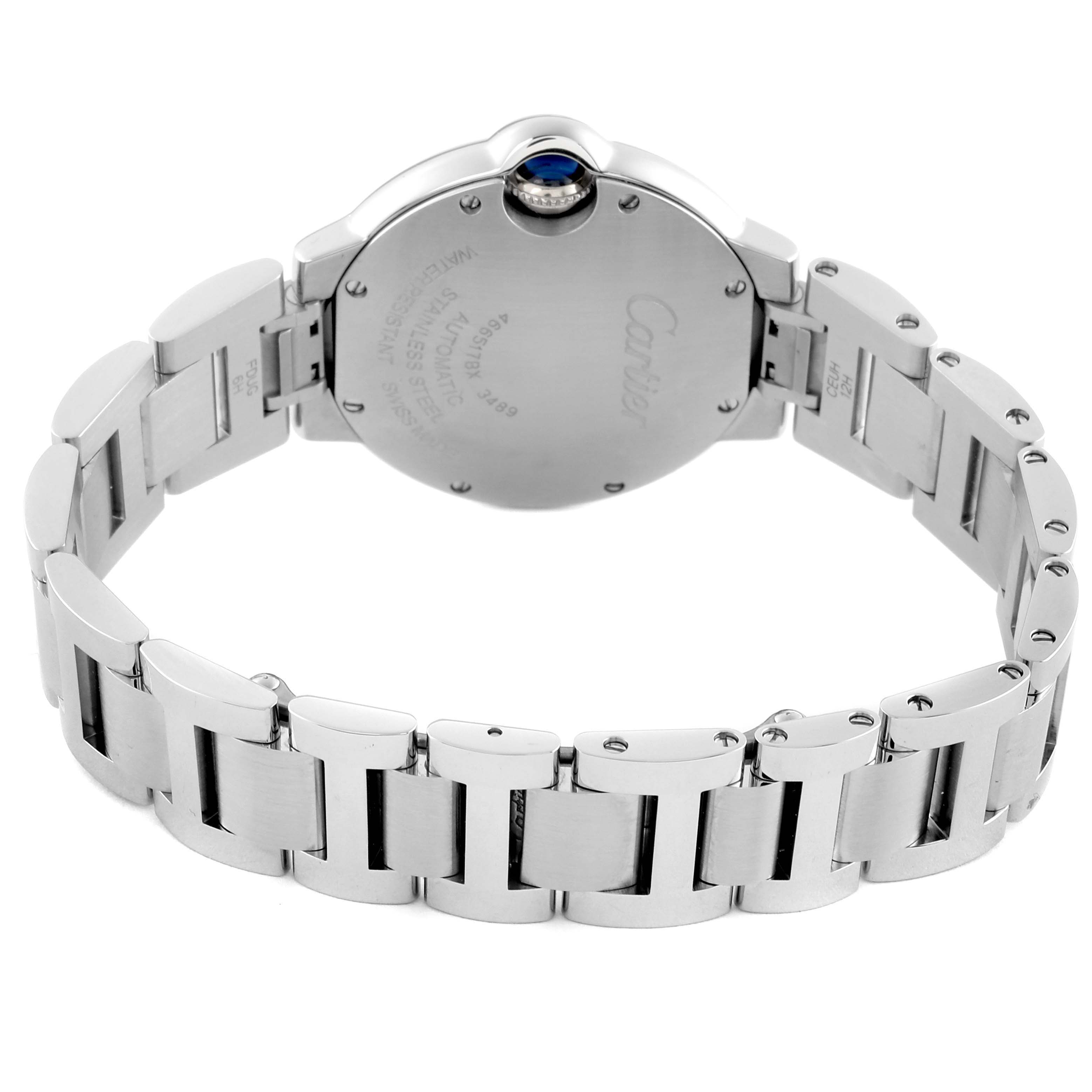 The image shows the back and bracelet of the Ballon Bleu by Cartier watch at a slight angle.