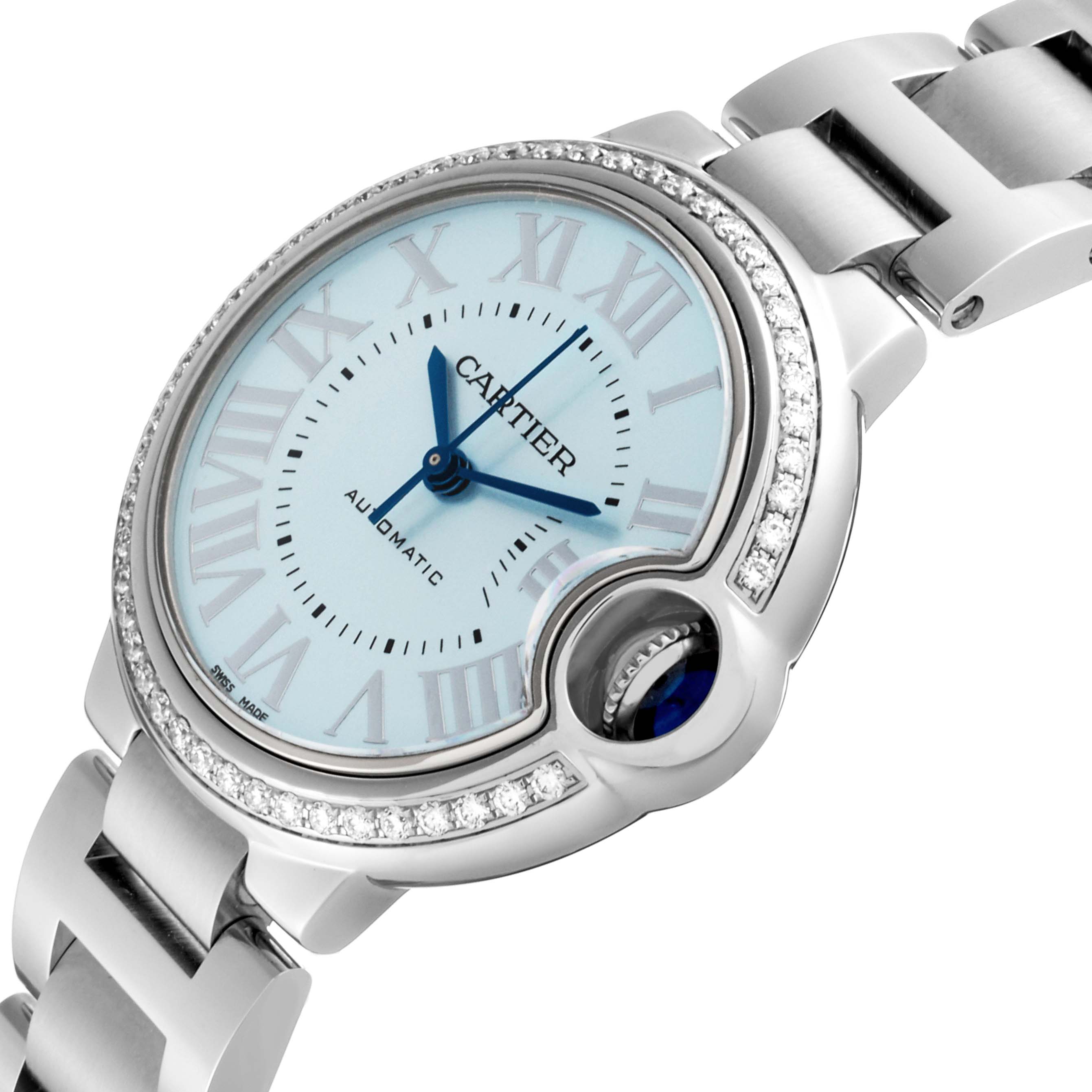 The image shows a close-up angled view of the Ballon Bleu model by Cartier, highlighting the watch face, bezel, and part of the bracelet.