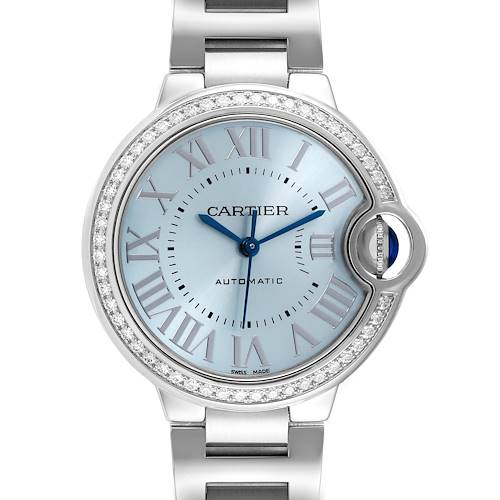 This image shows a front view of the Cartier Ballon Bleu watch, featuring a silver case with a diamond bezel and a steel strap.