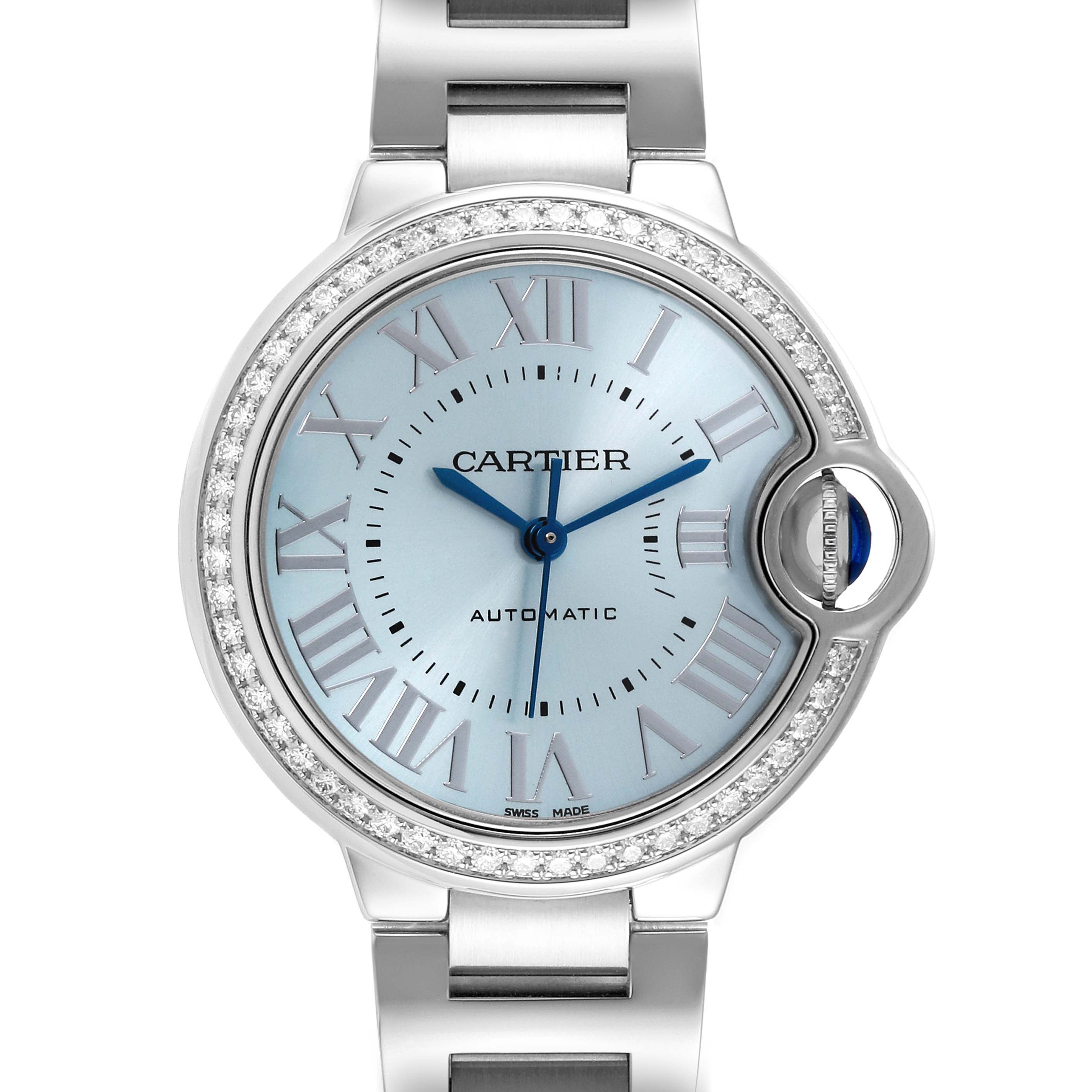 The image shows a front view of the Cartier Ballon Bleu W4BB0028 Women's Stainless Steel Blue Dial W4BB0028 Women's Stainless Steel Blue Dial watch, highlighting its face, bezel, and part of the bracelet.