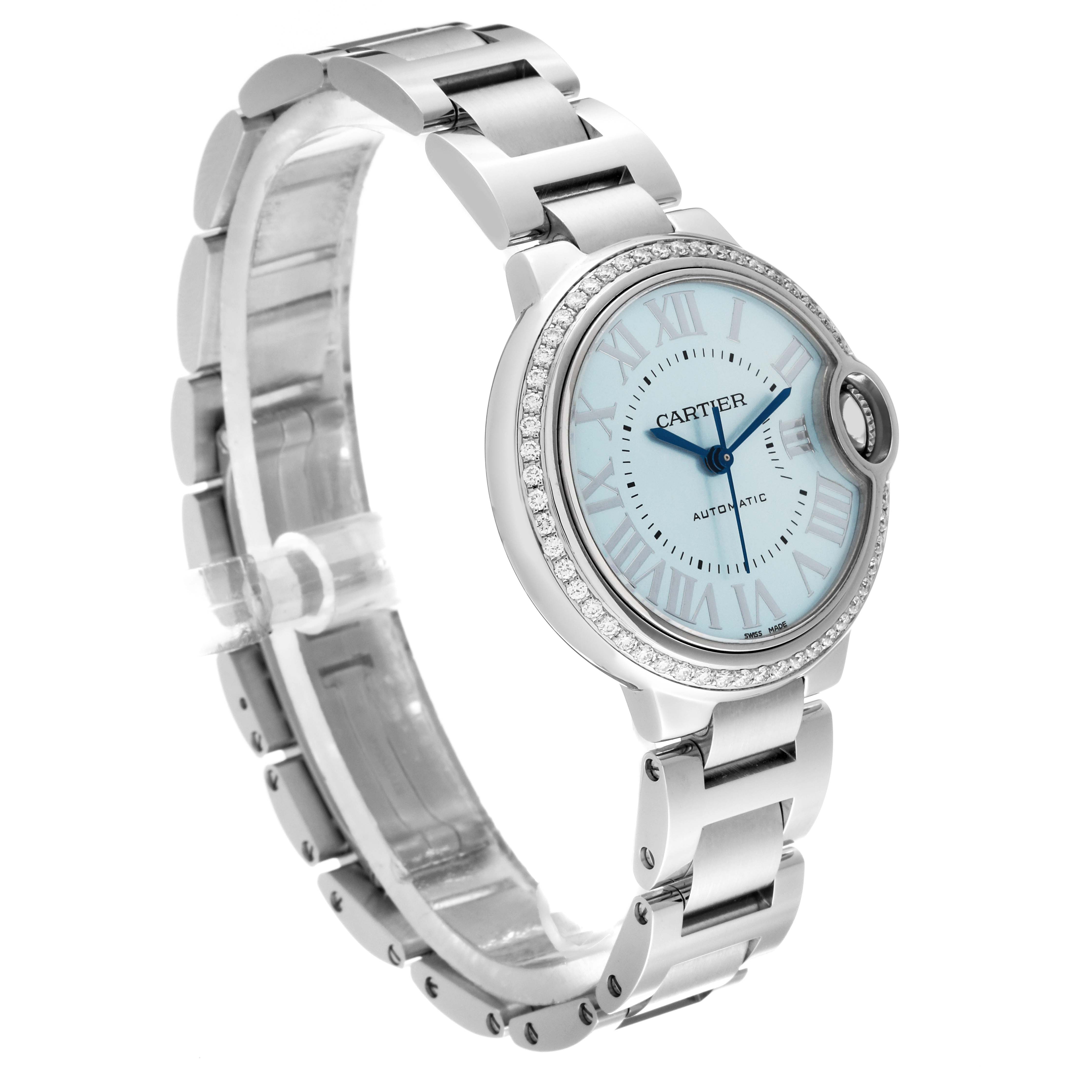 The Cartier Ballon Bleu W4BB0028 Women's Stainless Steel Blue Dial W4BB0028 Women's Stainless Steel Blue Dial watch is shown at a three-quarter angle, highlighting the face, bezel, and bracelet.