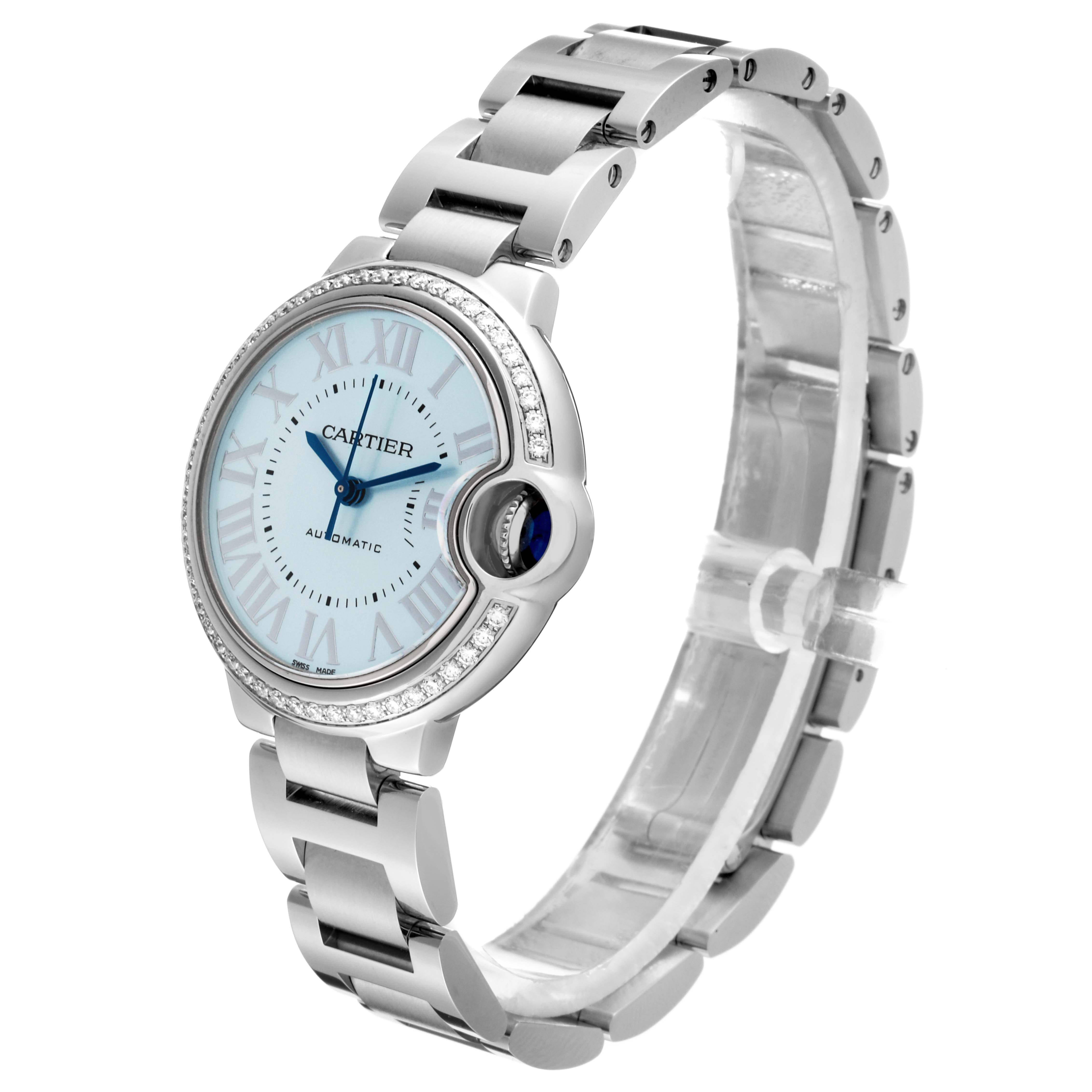 This image shows a side angle of the Ballon Bleu model watch by Cartier, highlighting its face and bracelet.