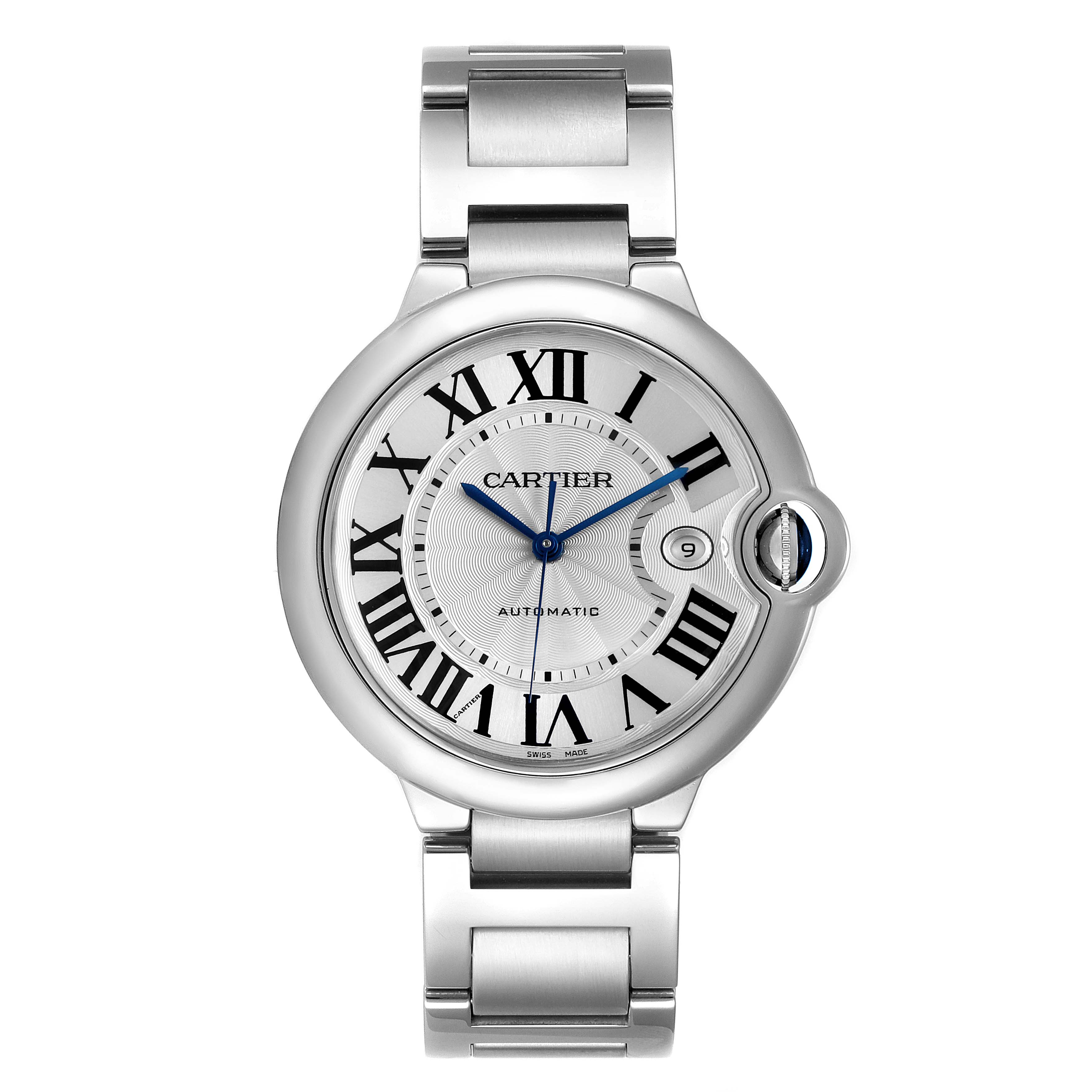 This image shows a Cartier Ballon Bleu W69012Z4 Men's Stainless Steel Silver Dial W69012Z4 Men's Stainless Steel Silver Dial watch from a front-facing angle, highlighting the face, Roman numerals, and metal bracelet.
