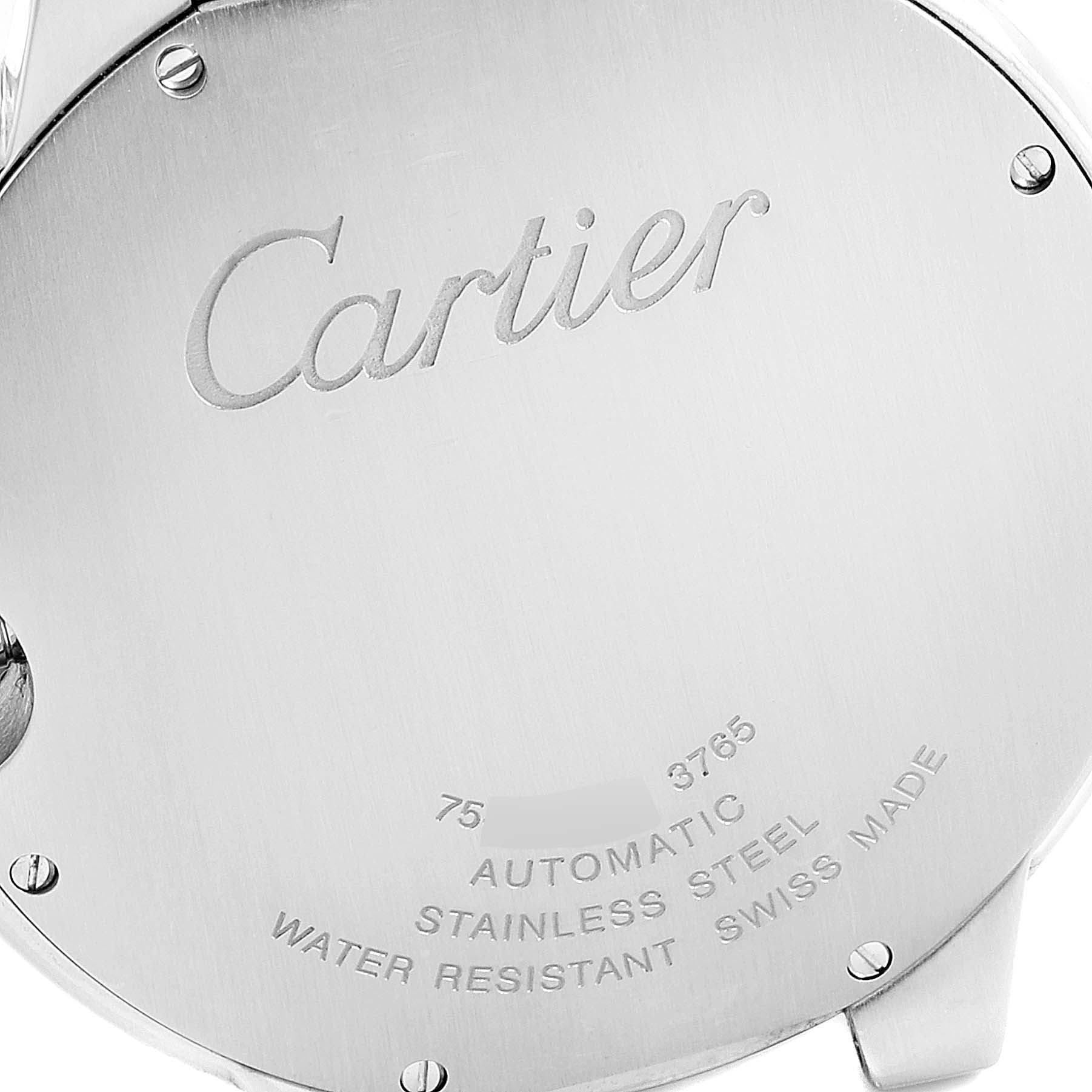This image shows the back casing of a Ballon Bleu model by Cartier, highlighting its branding and specifications.