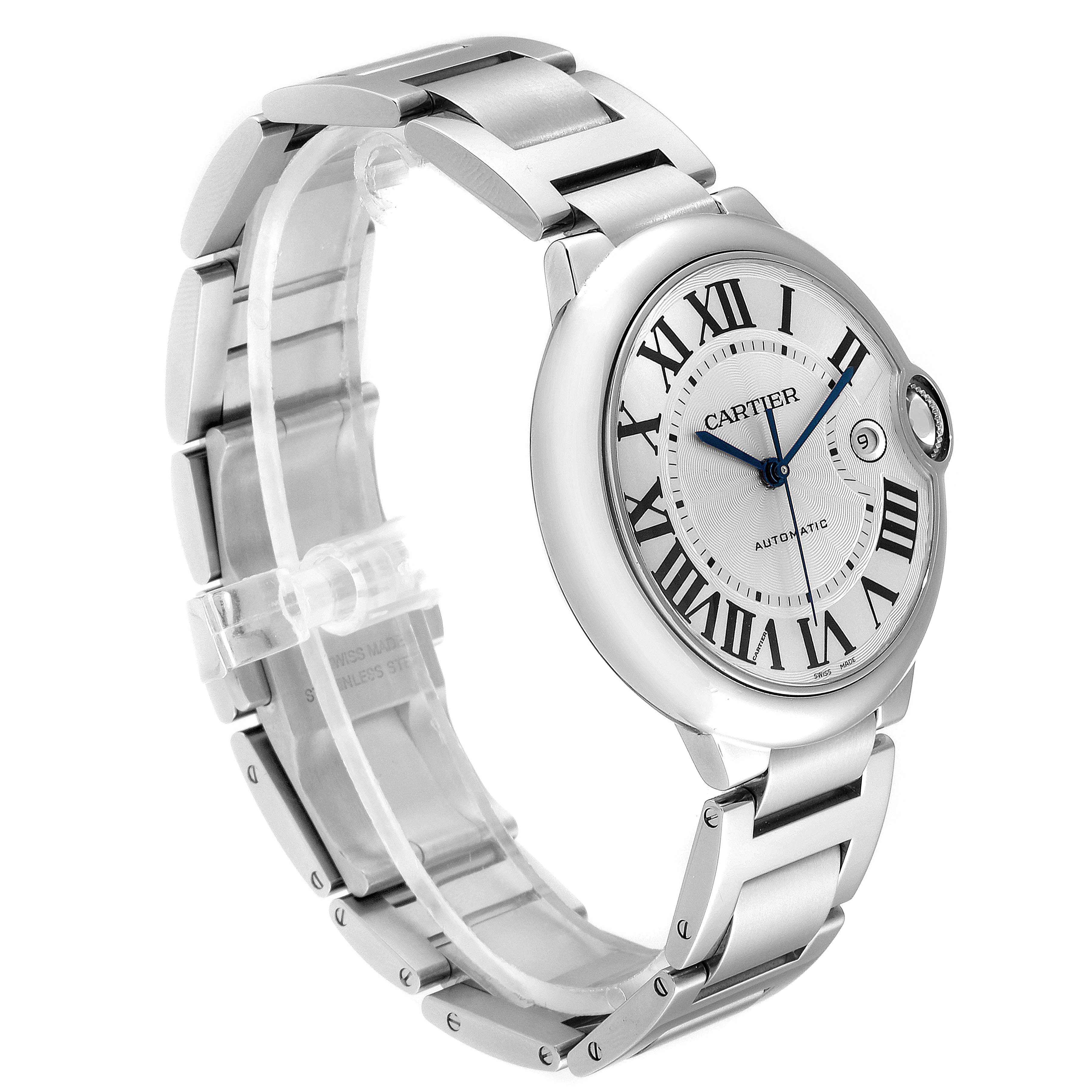 The image shows a side angle view of a Ballon Bleu de Cartier watch, highlighting its stainless steel bracelet and round face.