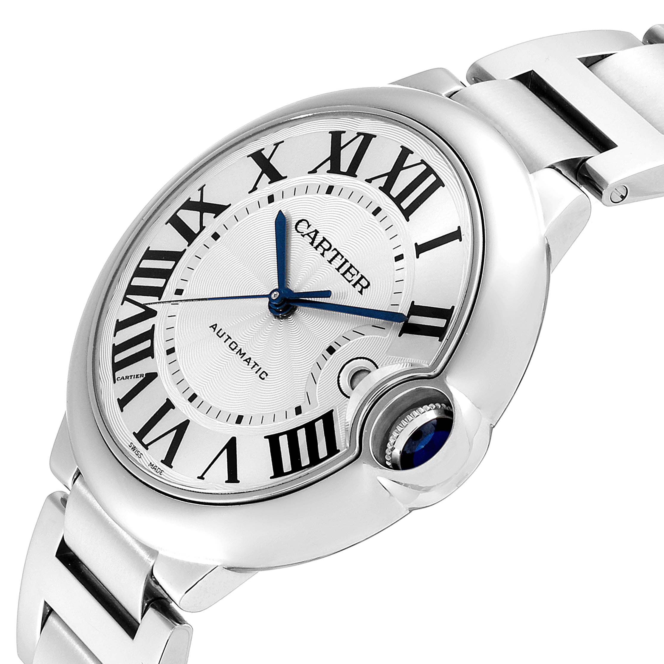 This Cartier Ballon Bleu W69012Z4 Men's Stainless Steel Silver Dial W69012Z4 Men's Stainless Steel Silver Dial watch is shown from a three-quarter angle, highlighting the face, crown, and part of the bracelet.