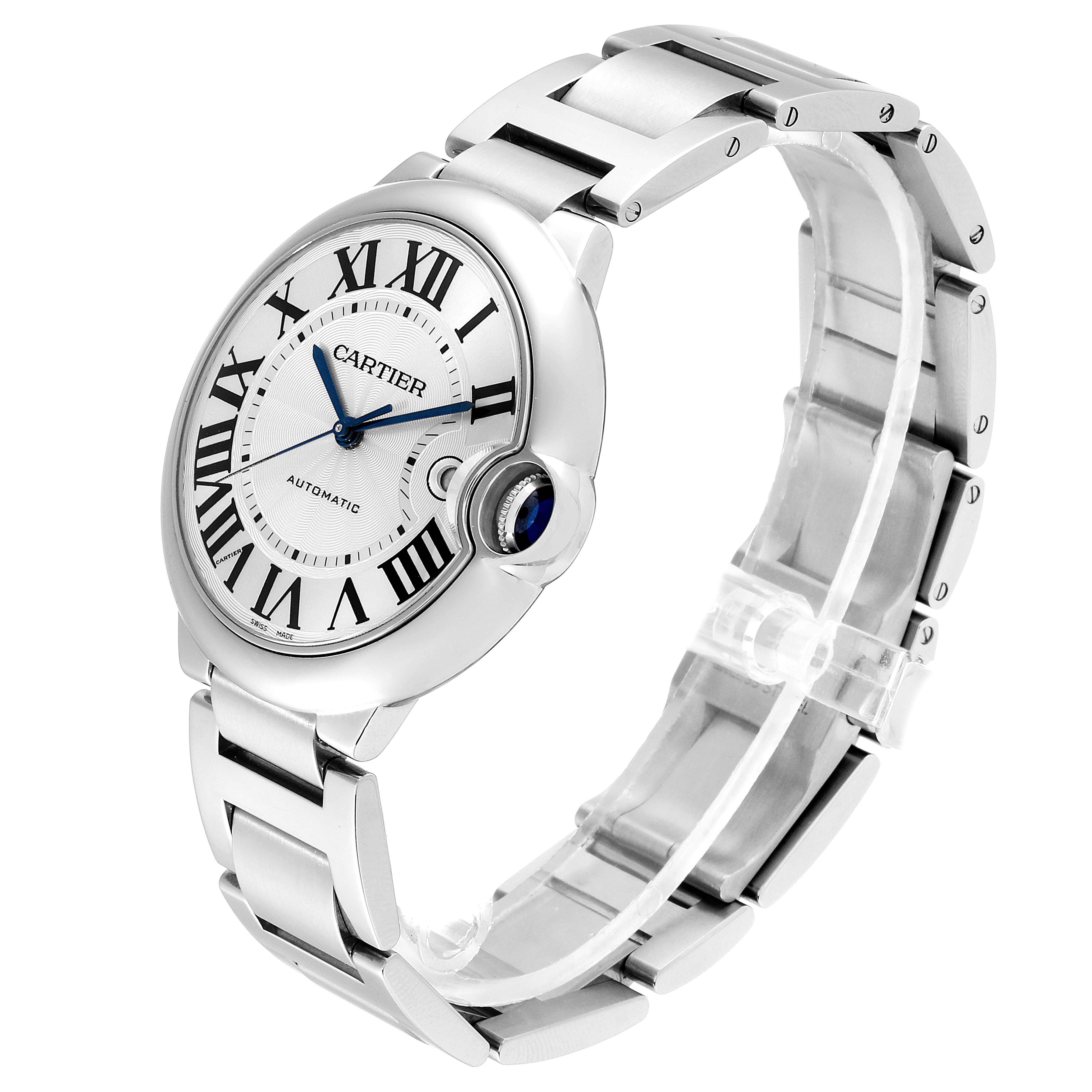 The image shows a Cartier Ballon Bleu W69012Z4 Men's Stainless Steel Silver Dial W69012Z4 Men's Stainless Steel Silver Dial watch at an angled side view, highlighting the dial, bracelet, and sapphire crown.