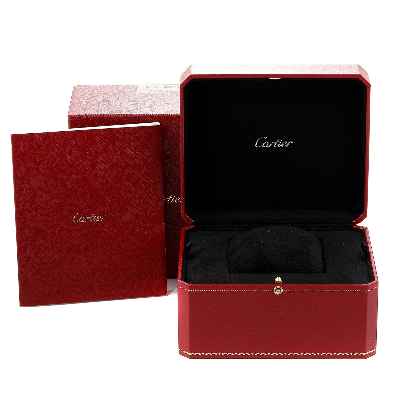 The image shows the packaging and booklet for the Ballon Bleu model by Cartier, including an open red box and a red booklet.