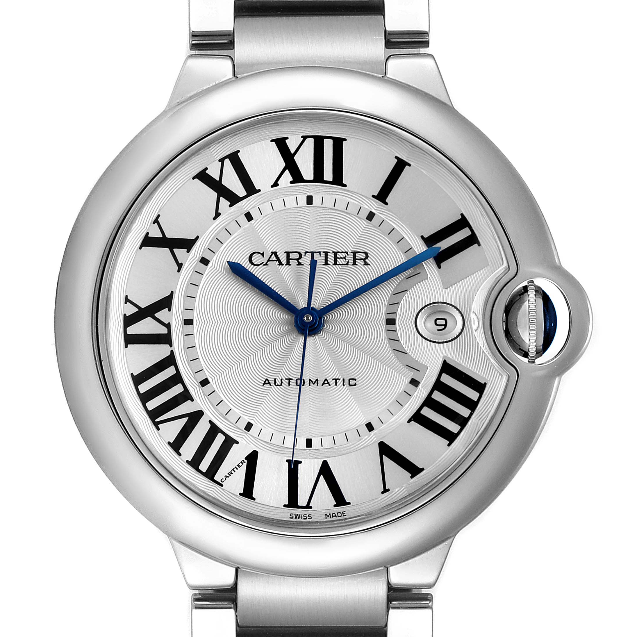 The image shows a frontal view of the Cartier Ballon Bleu W69012Z4 Men's Stainless Steel Silver Dial W69012Z4 Men's Stainless Steel Silver Dial watch, highlighting its round face, Roman numerals, and blue hands.