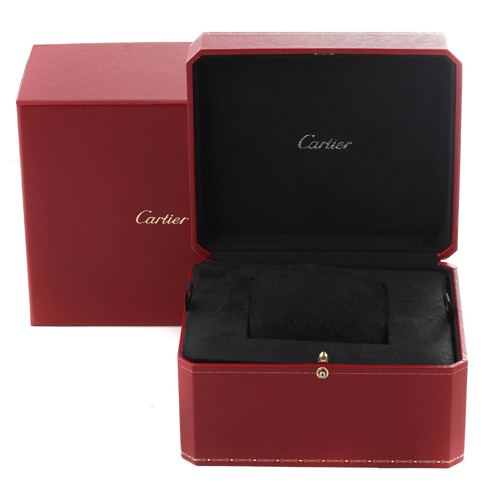 This image shows an open Cartier watch box and cover for the Calibre de Cartier model.